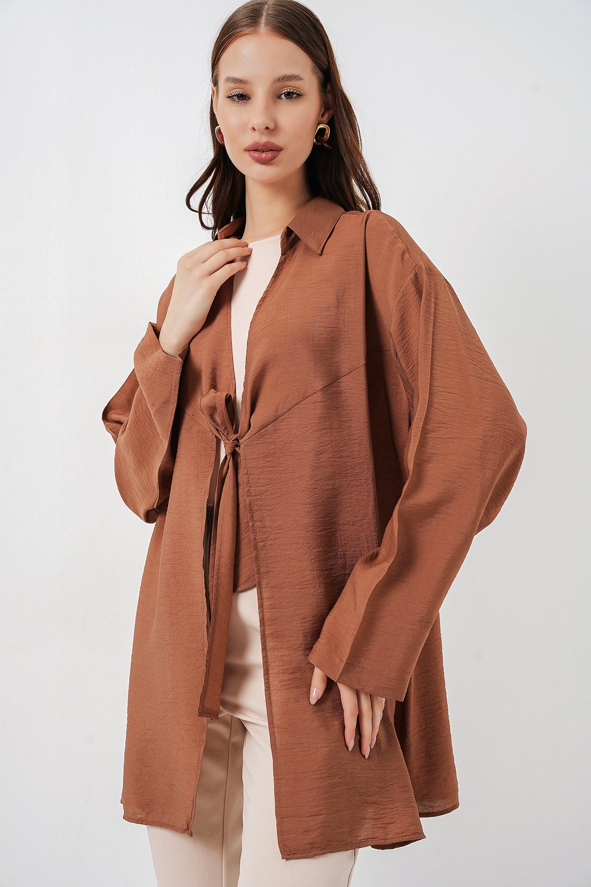 Image of Kadın Salaş Bağcıklı Kimono 5981 - Taba
