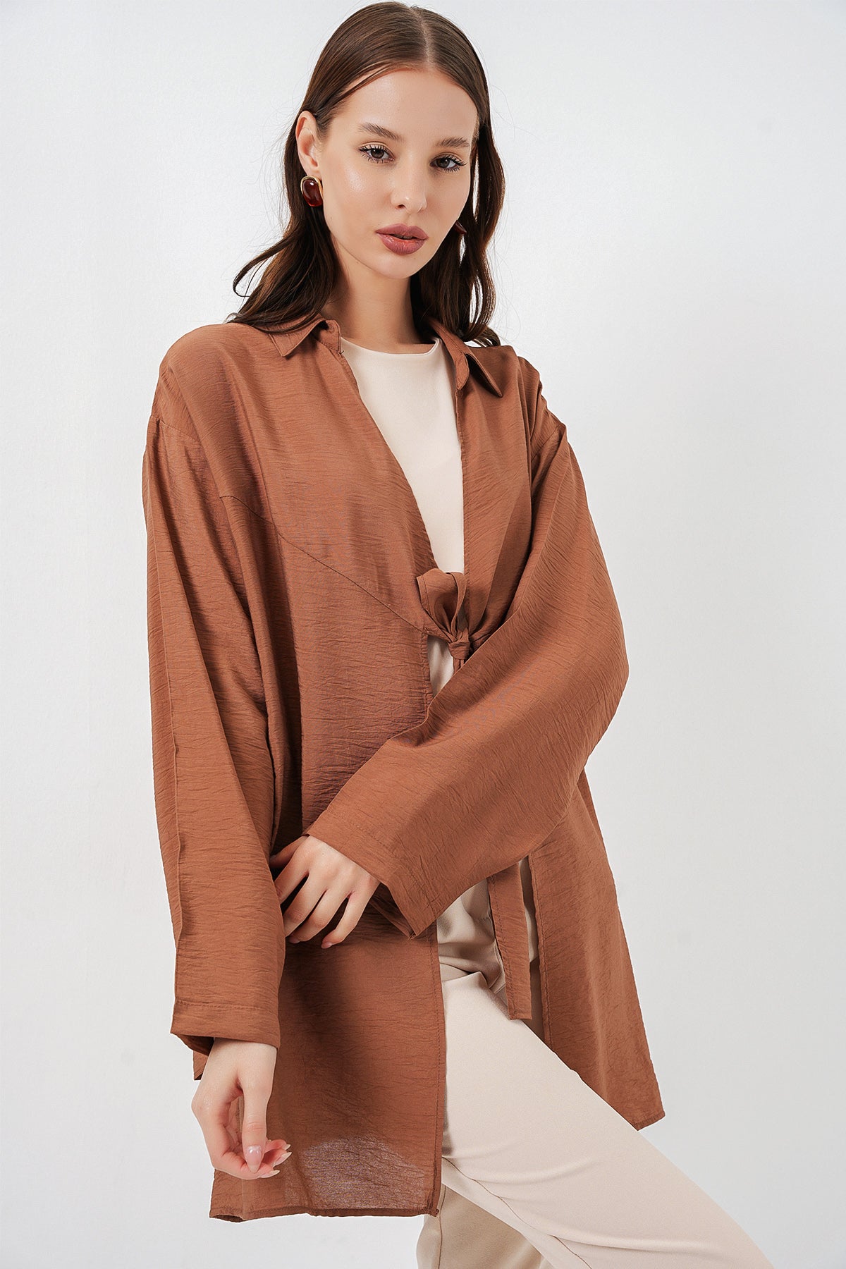 Image of Kadın Salaş Bağcıklı Kimono 5981 - Taba