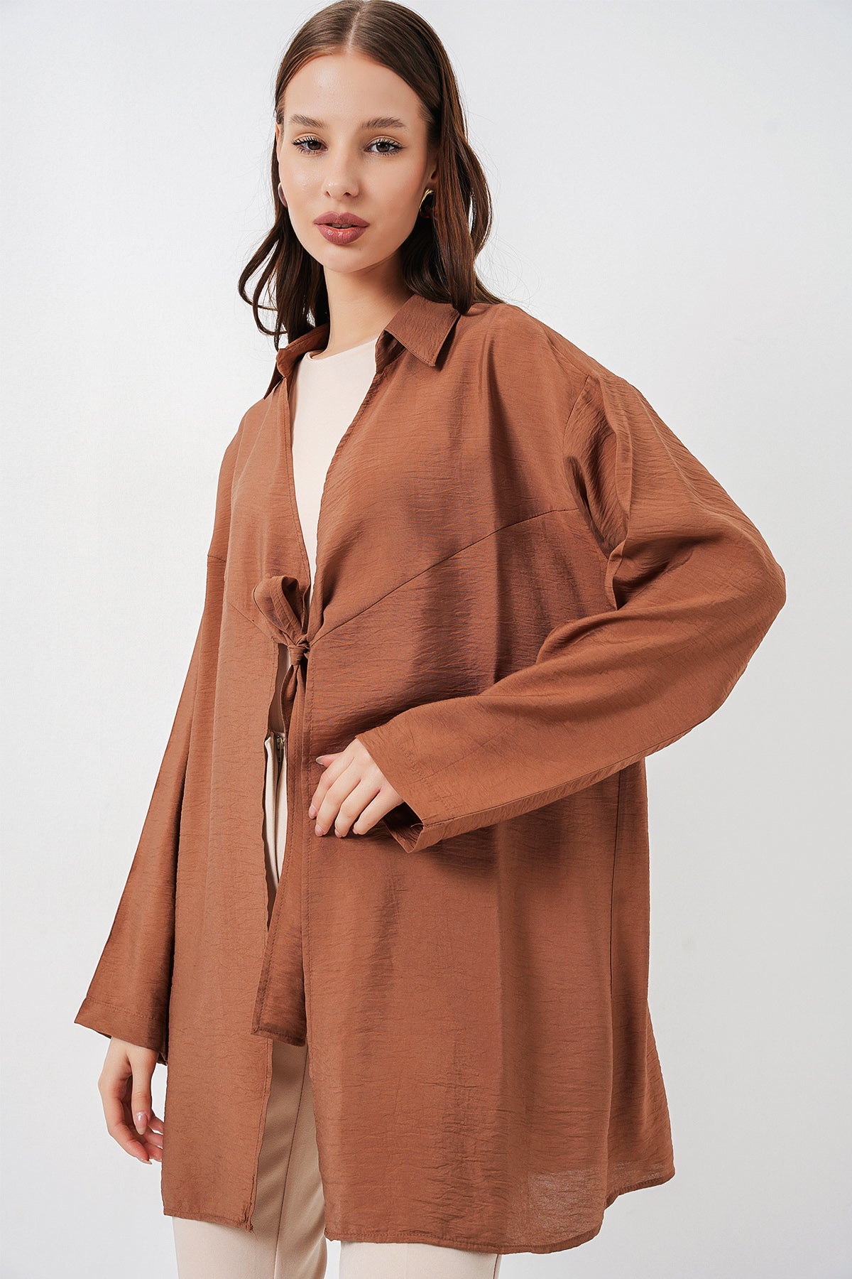 Image of Kadın Salaş Bağcıklı Kimono 5981 - Taba