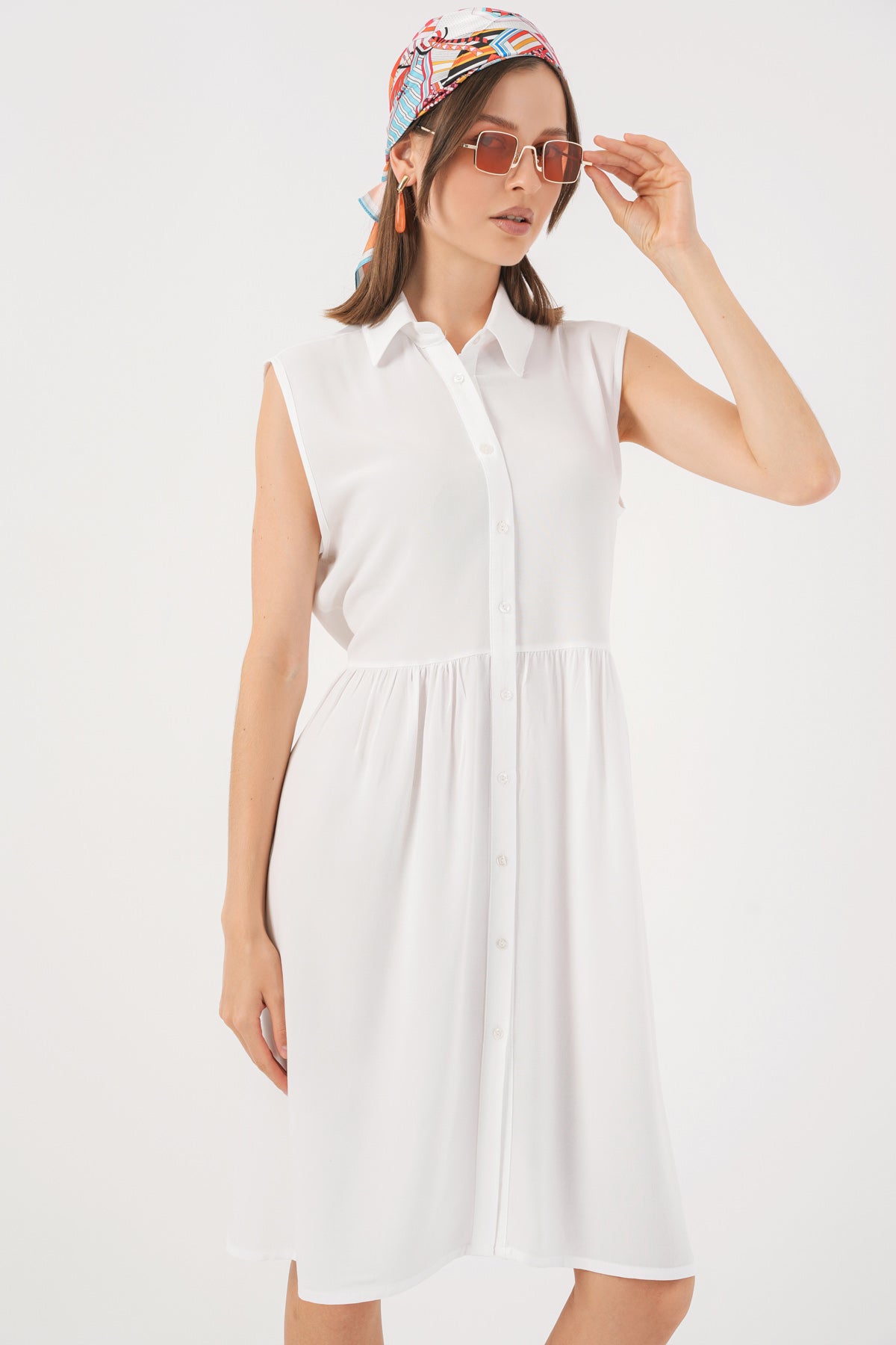 Image of Kadın Sıfır Kol Midi Elbise 2563 - Beyaz