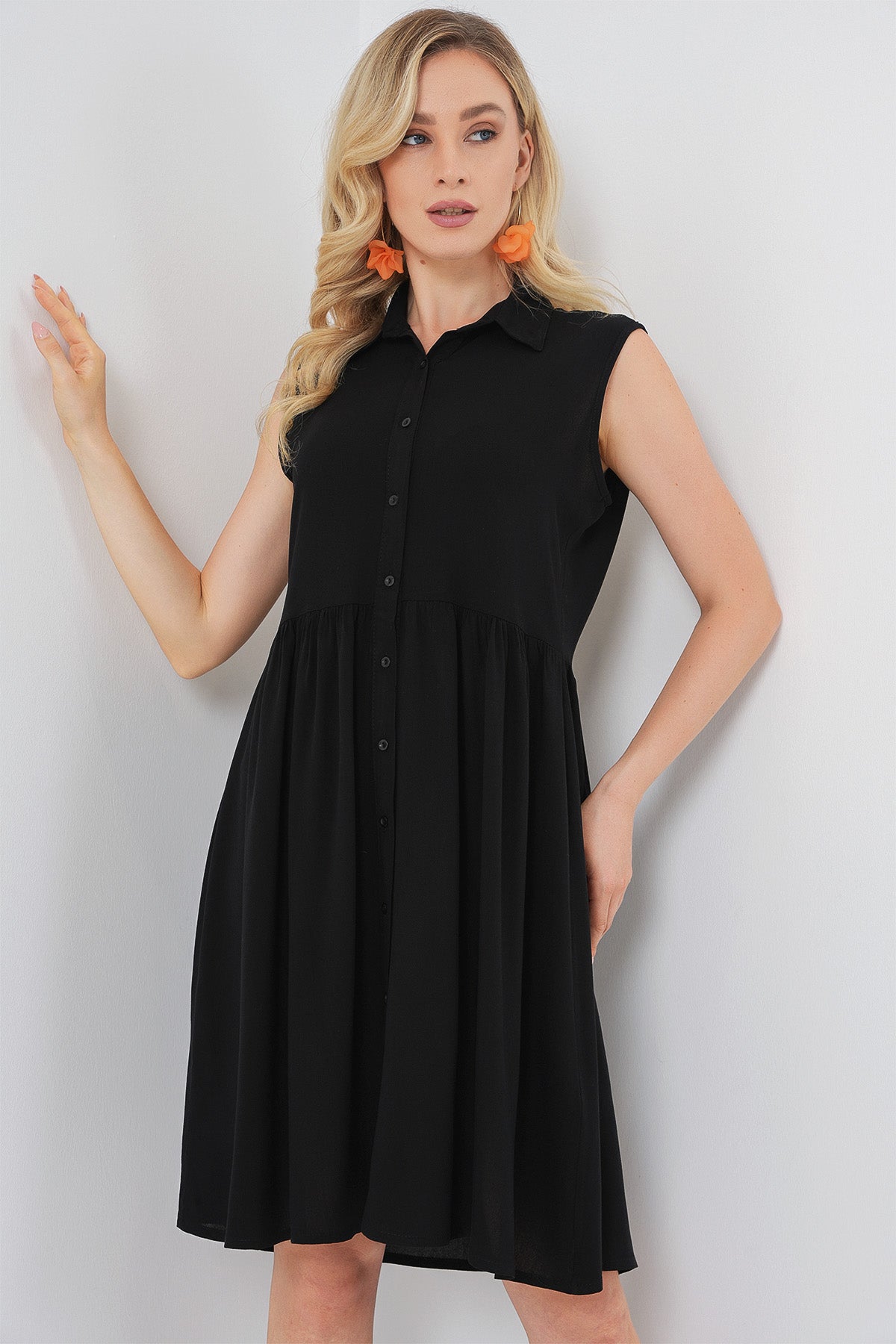 Image of Kadın Sıfır Kol Midi Elbise 2563 - Siyah
