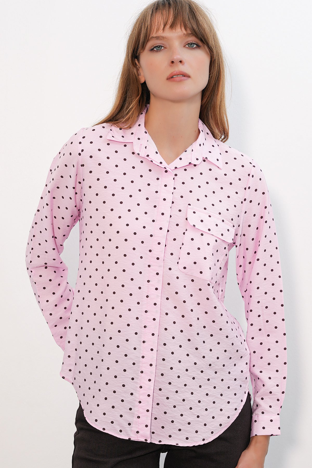 Image of Kadın Tek Cepli Puantiyeli Oversize Gömlek 20399 - Pembe