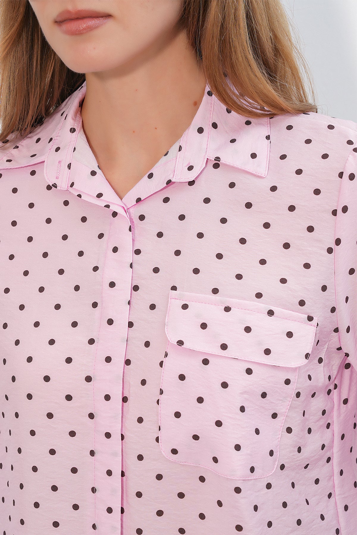 Image of Kadın Tek Cepli Puantiyeli Oversize Gömlek 20399 - Pembe
