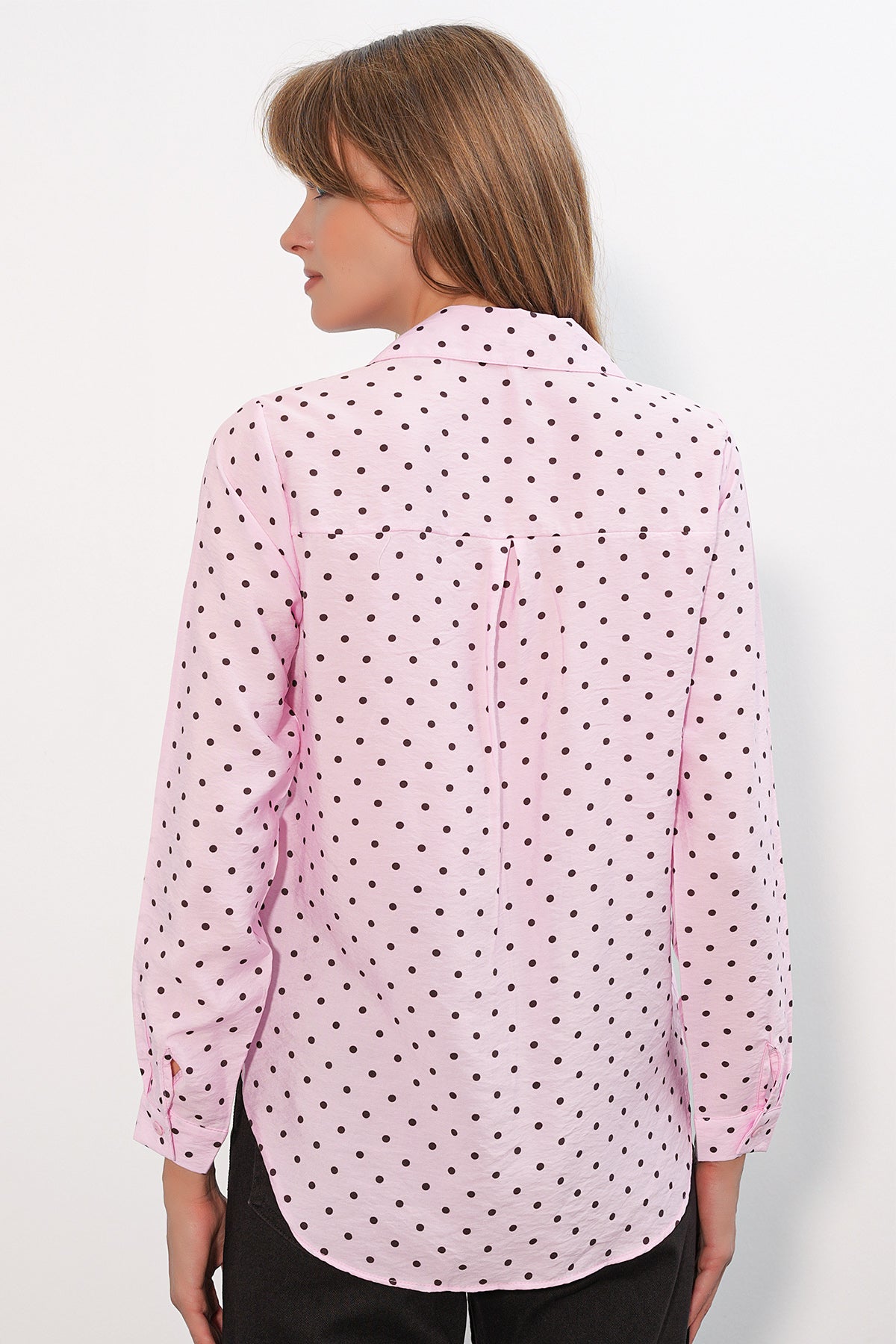 Image of Kadın Tek Cepli Puantiyeli Oversize Gömlek 20399 - Pembe