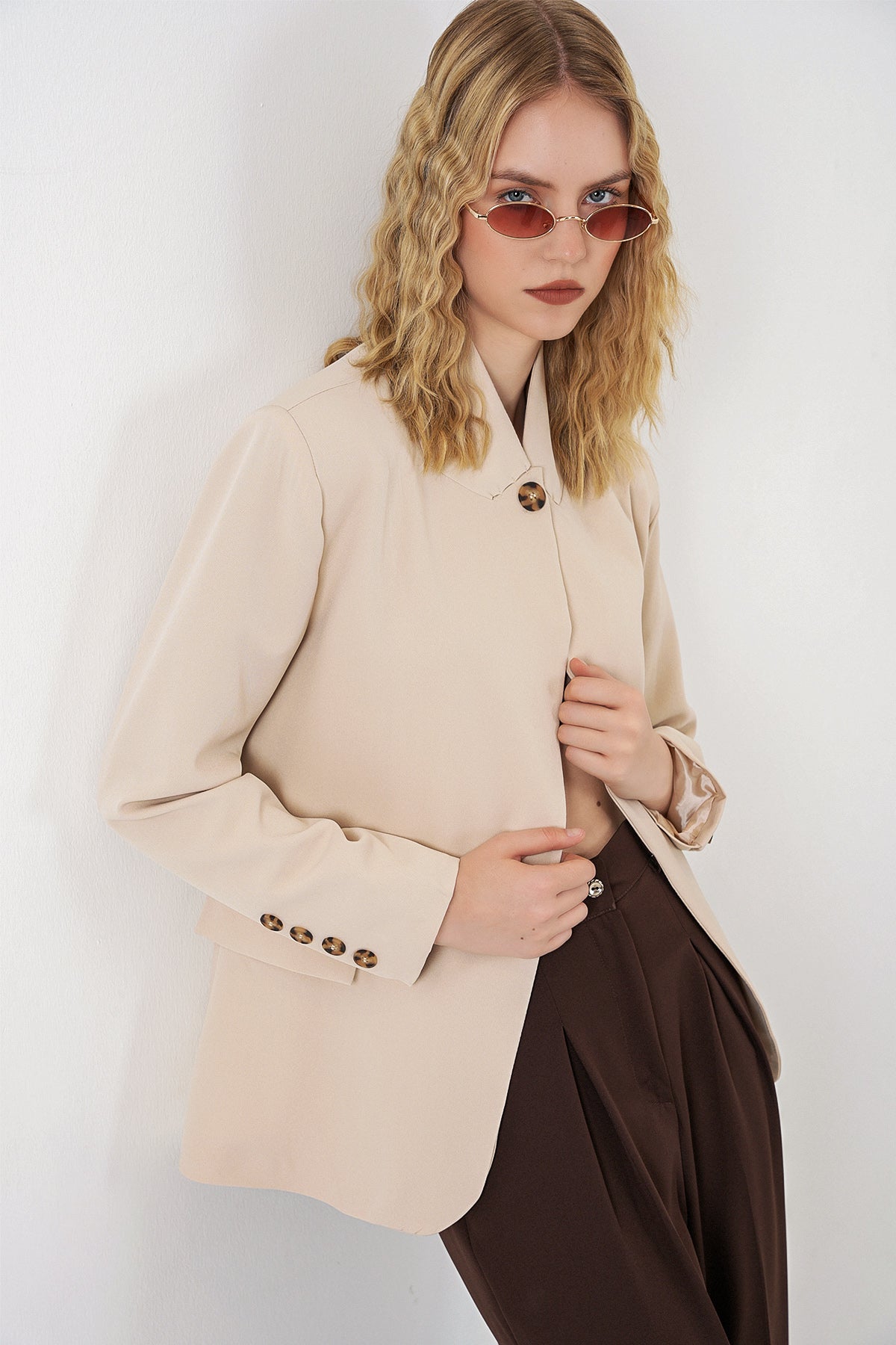 Image of Kadın Tek Düğmeli Oversize Blazer Ceket 0749 - Bej