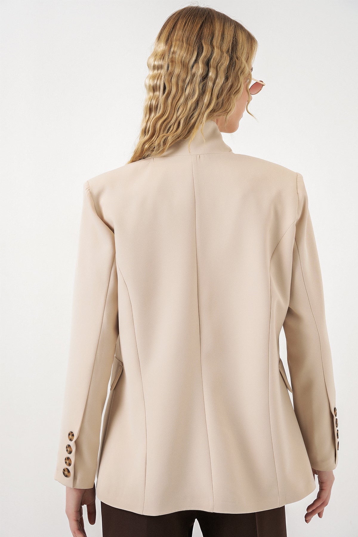 Image of Kadın Tek Düğmeli Oversize Blazer Ceket 0749 - Bej
