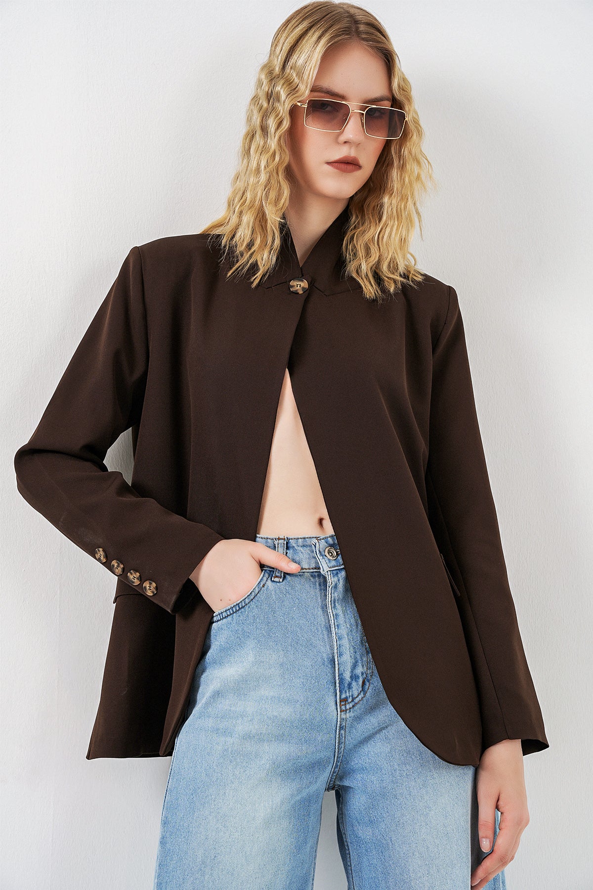 Image of Kadın Tek Düğmeli Oversize Blazer Ceket 0749 - Kahverengi