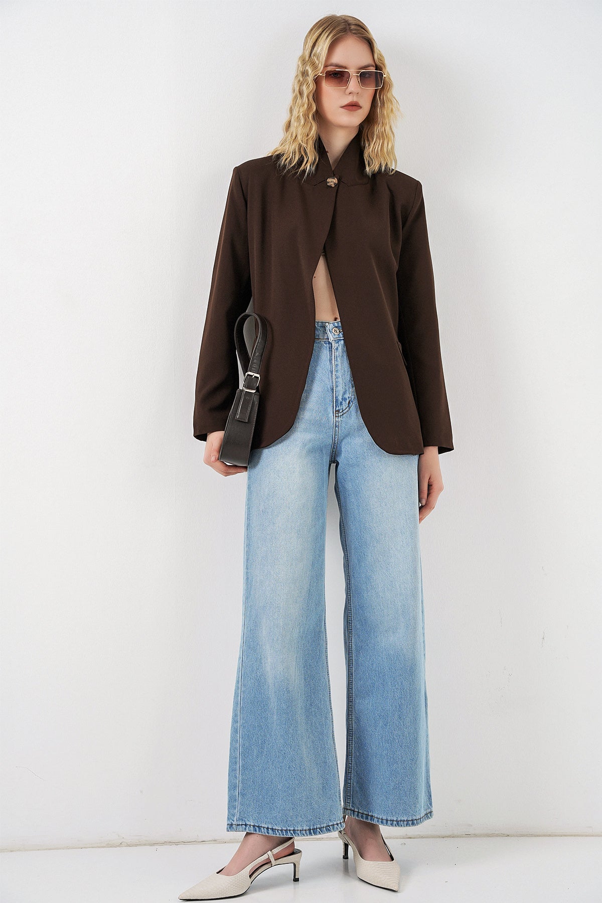 Image of Kadın Tek Düğmeli Oversize Blazer Ceket 0749 - Kahverengi