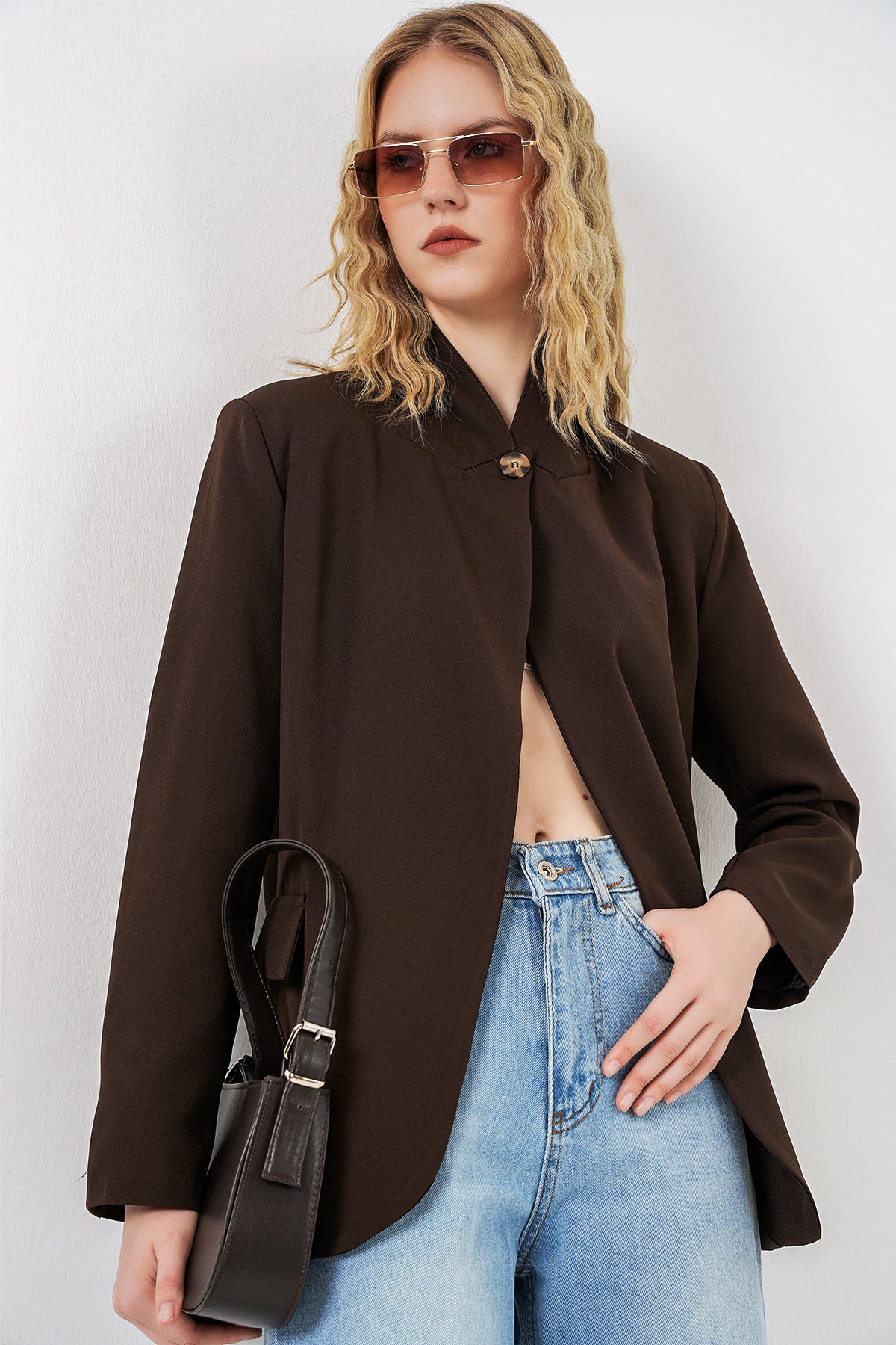 Image of Kadın Tek Düğmeli Oversize Blazer Ceket 0749 - Kahverengi