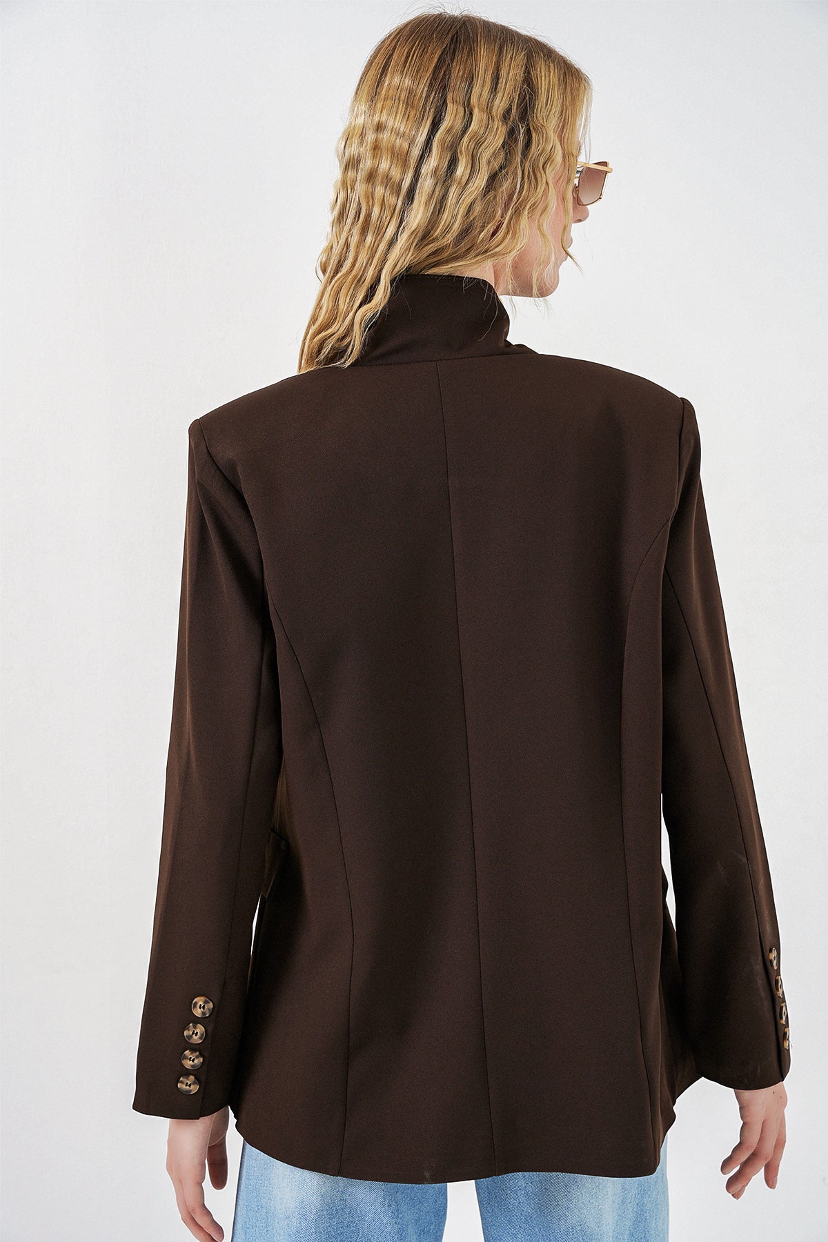 Image of Kadın Tek Düğmeli Oversize Blazer Ceket 0749 - Kahverengi