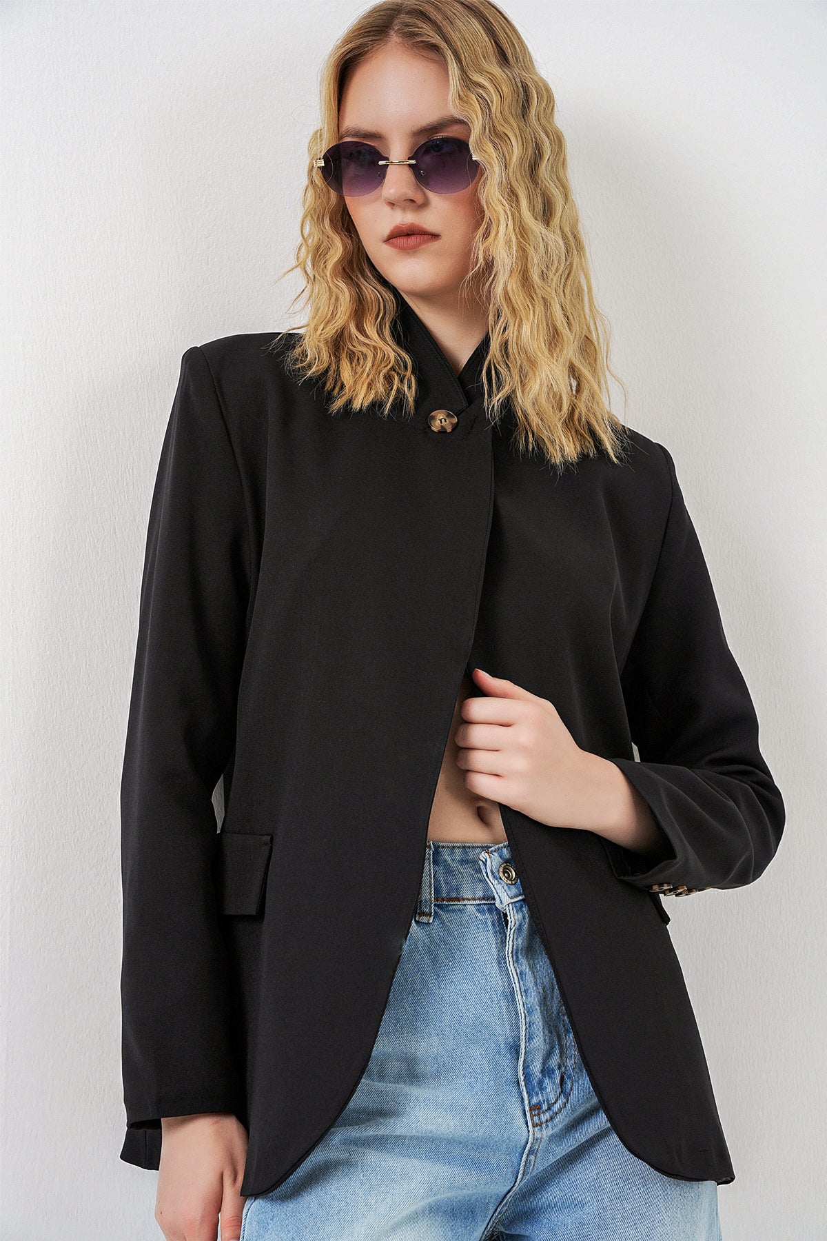 Image of Kadın Tek Düğmeli Oversize Blazer Ceket 0749 - Siyah