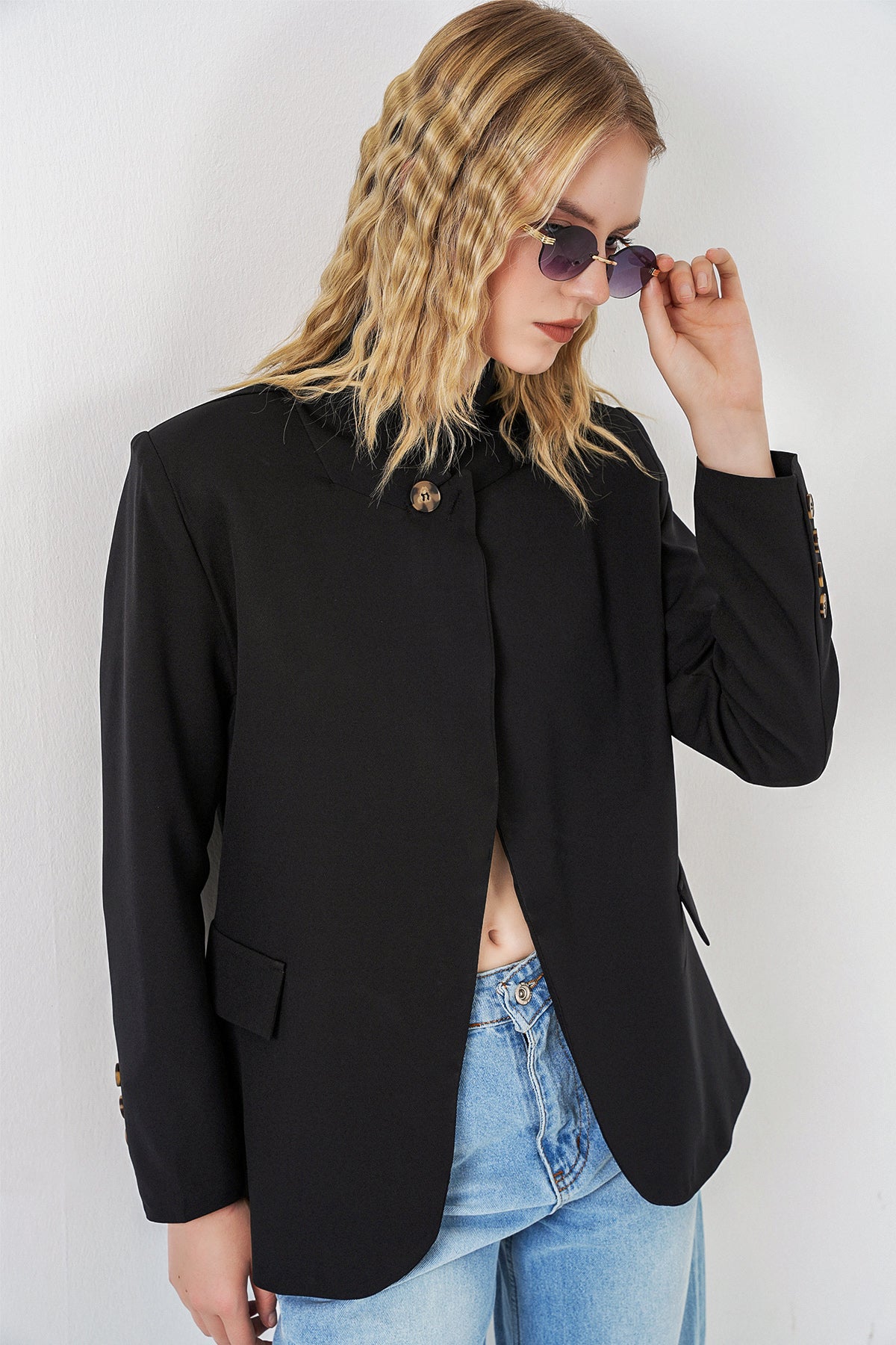 Image of Kadın Tek Düğmeli Oversize Blazer Ceket 0749 - Siyah