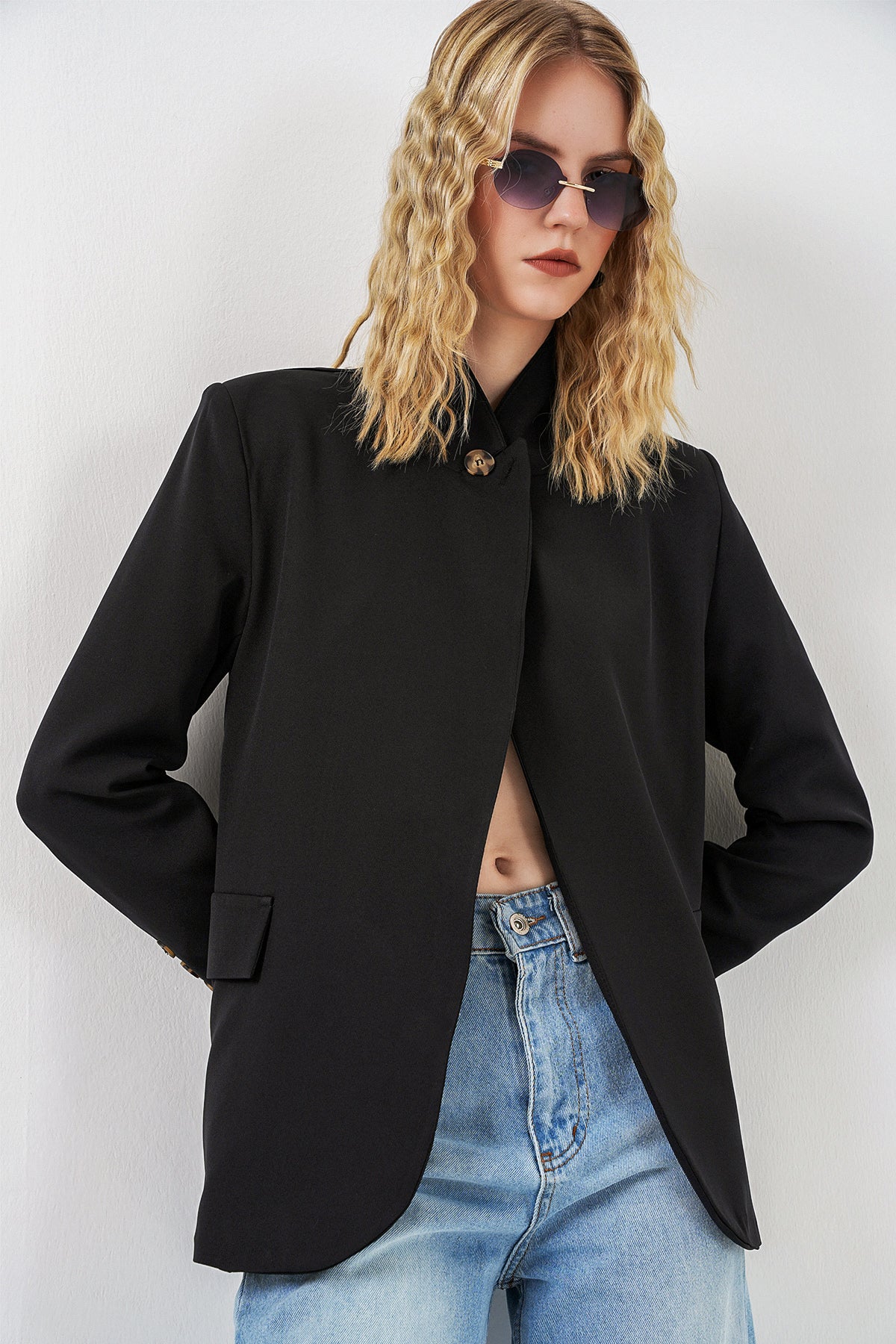 Image of Kadın Tek Düğmeli Oversize Blazer Ceket 0749 - Siyah