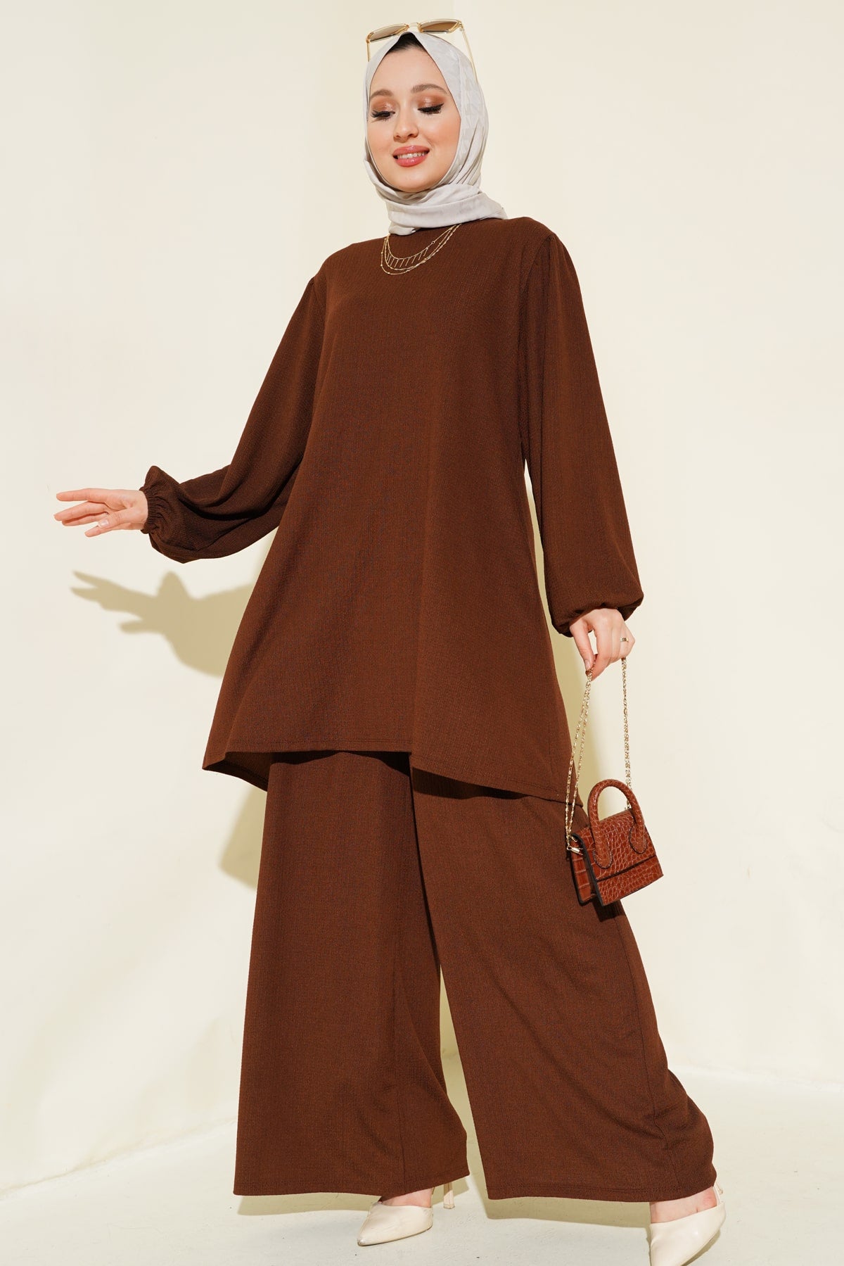 Image of Kadın Kahverengi Tunik Pantolon Alt Üst Takım 6663