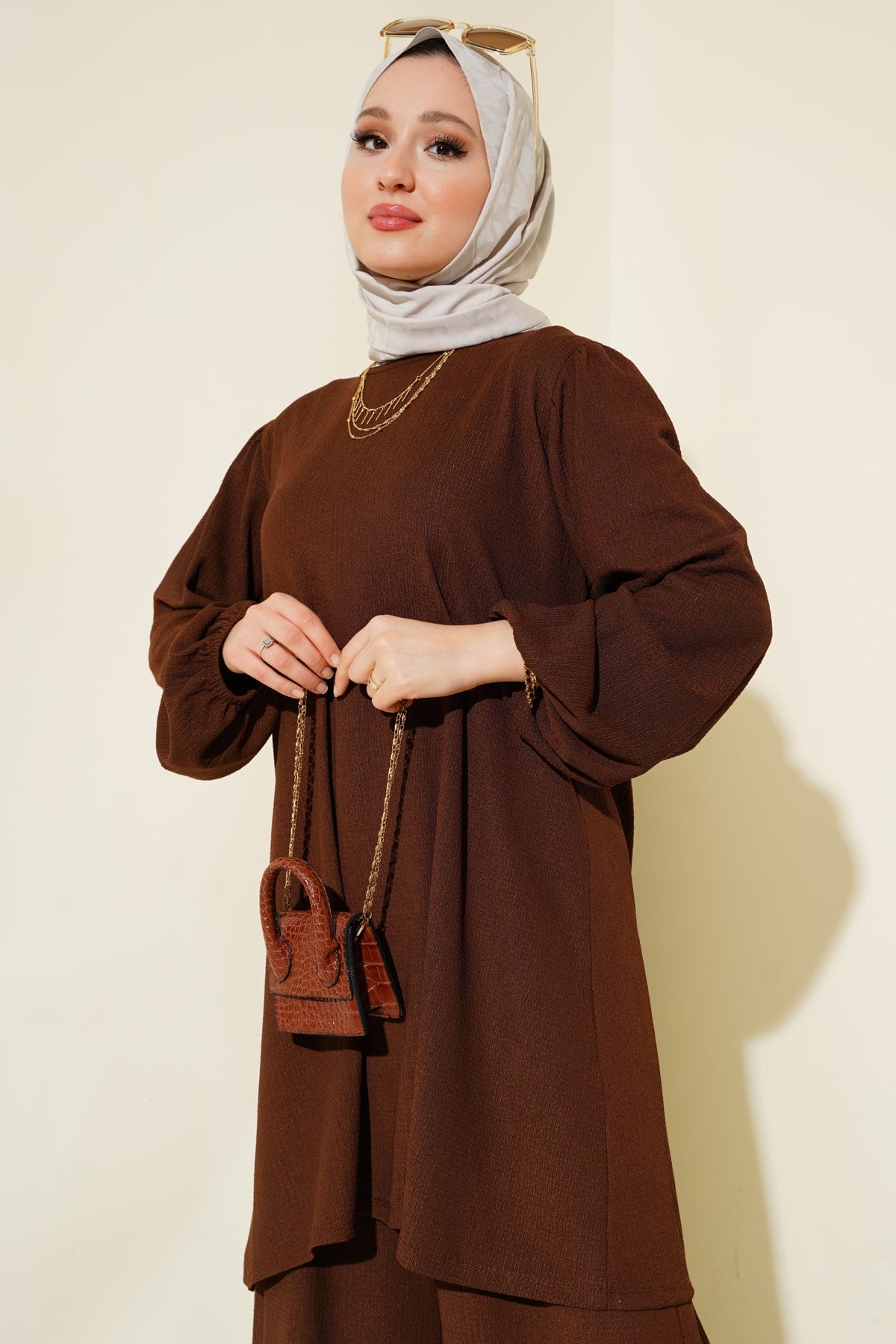 Image of Kadın Kahverengi Tunik Pantolon Alt Üst Takım 6663