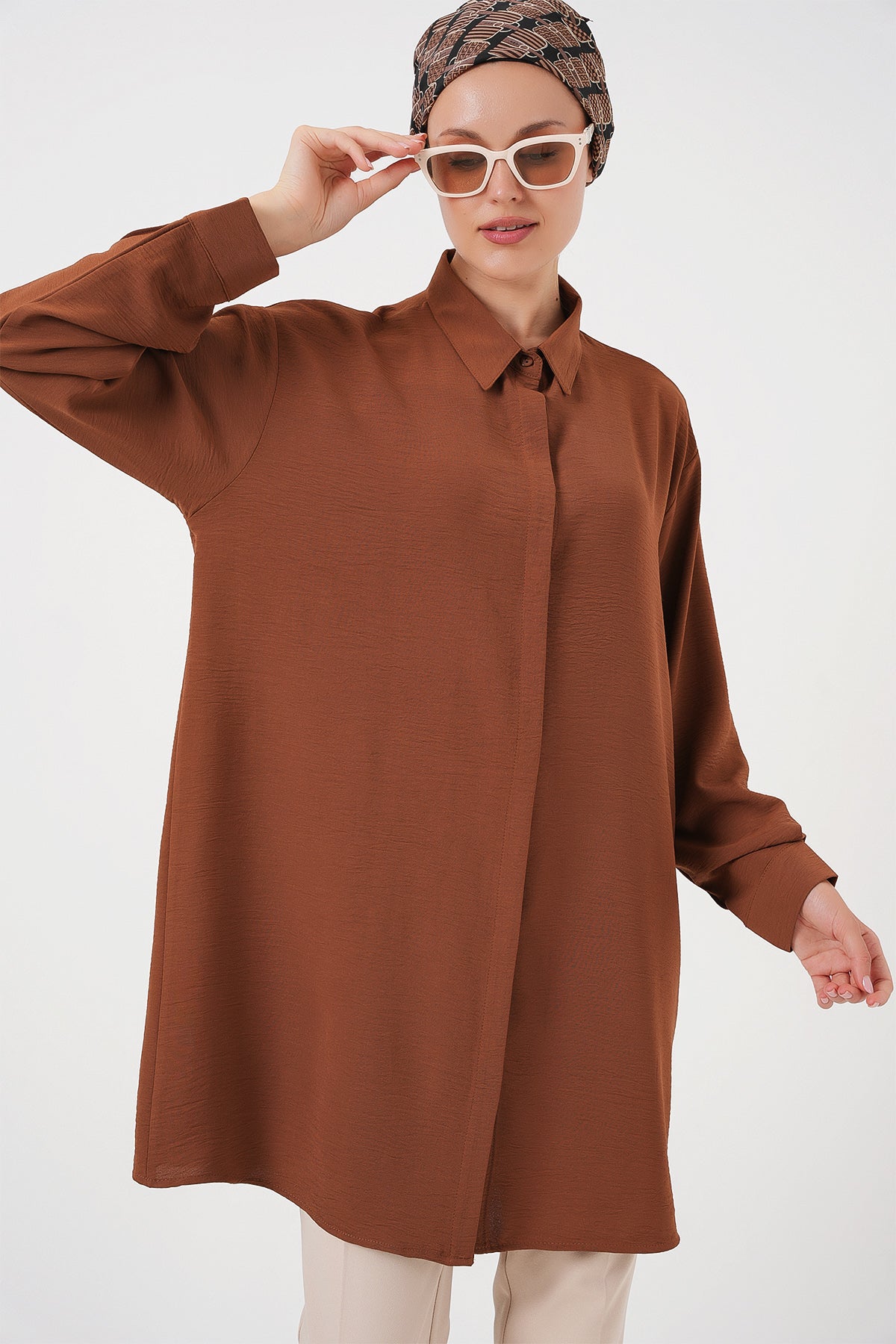 Image of Kadın Uzun Gömlek Tunik 5945 - Taba