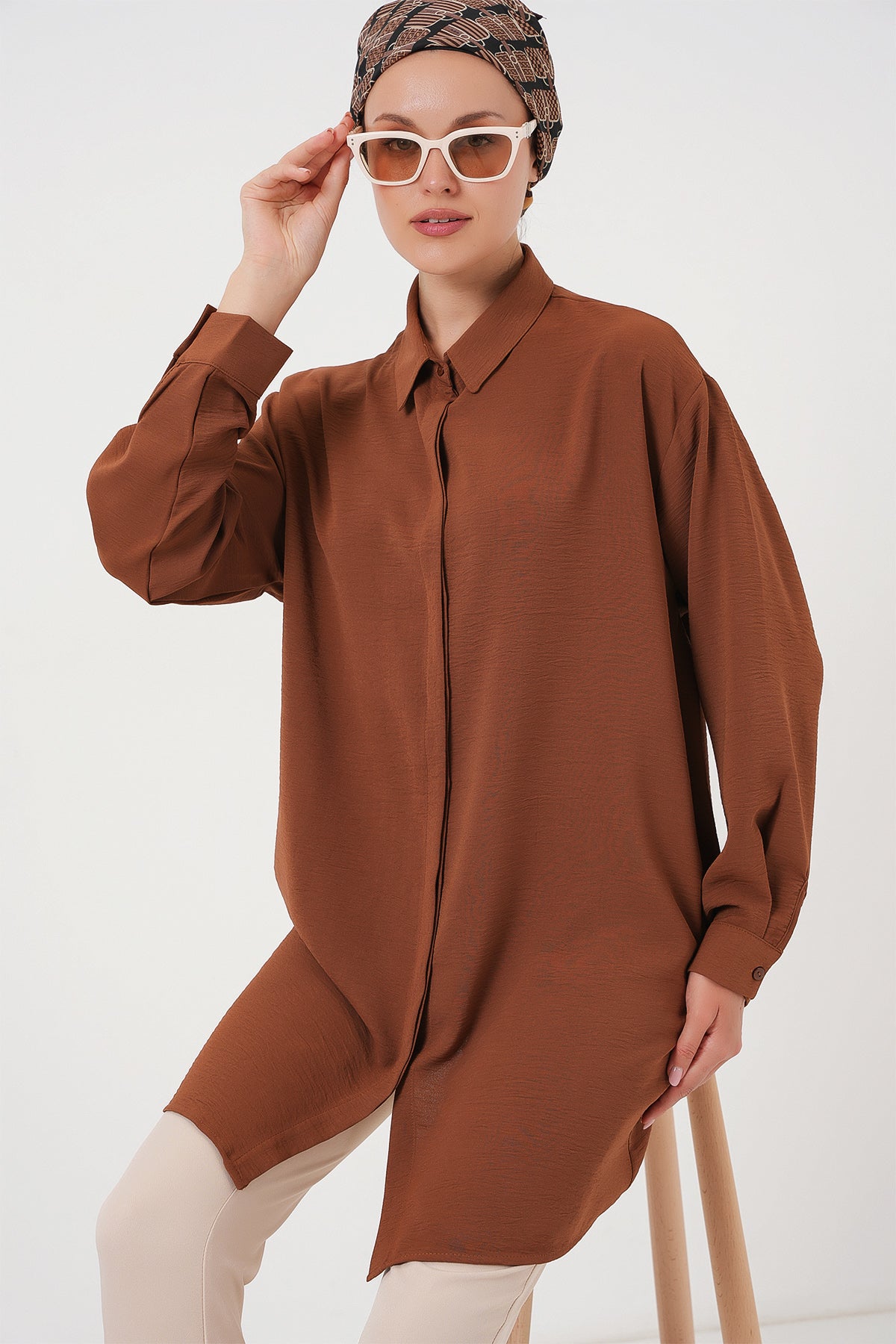 Image of Kadın Uzun Gömlek Tunik 5945 - Taba