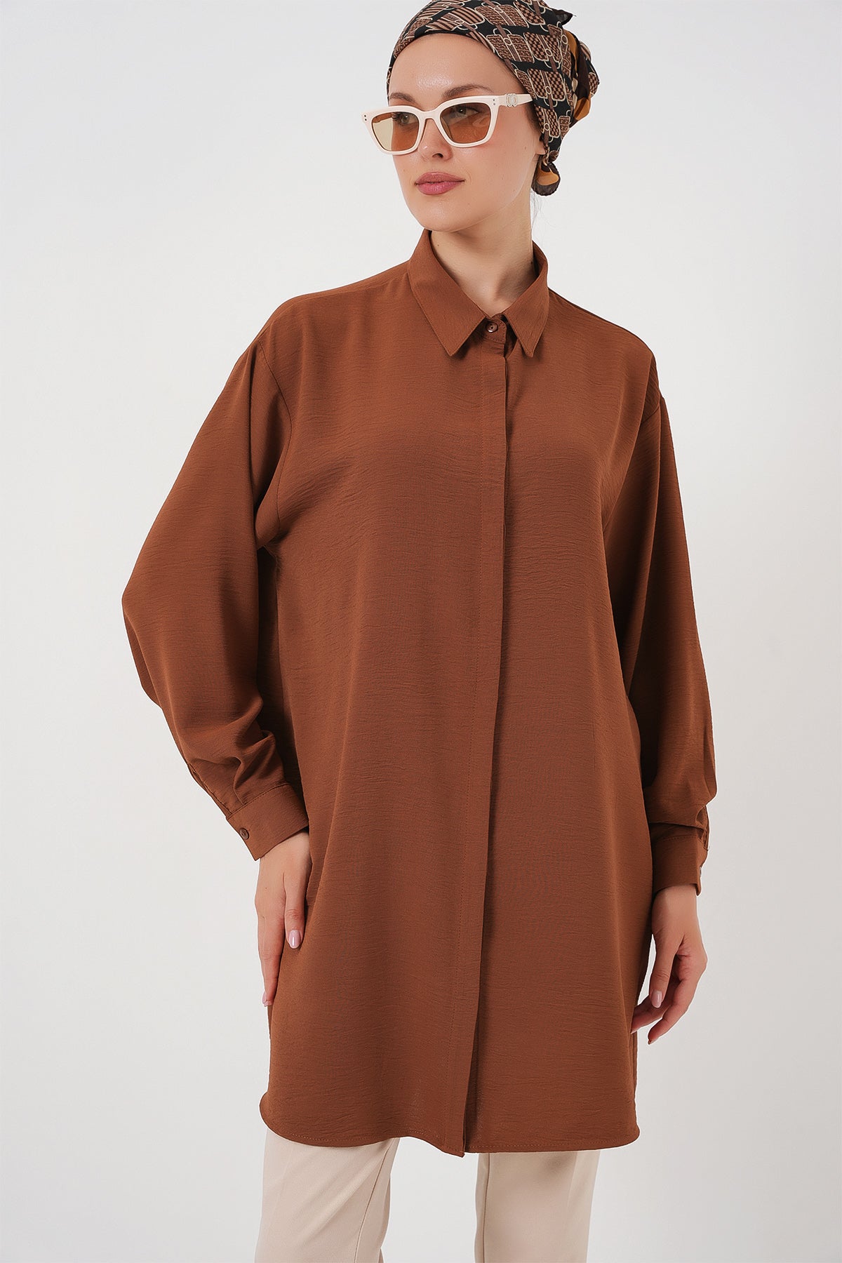 Image of Kadın Uzun Gömlek Tunik 5945 - Taba