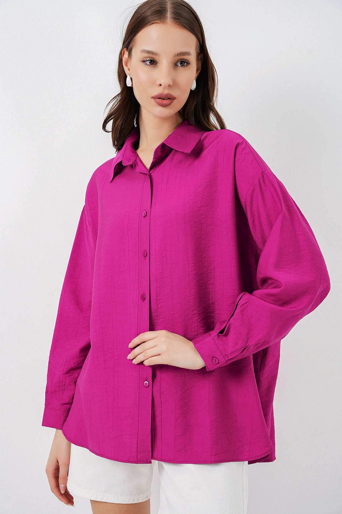 Image of Kadın Uzun Oversize Gömlek 20334 - Koyu Pembe