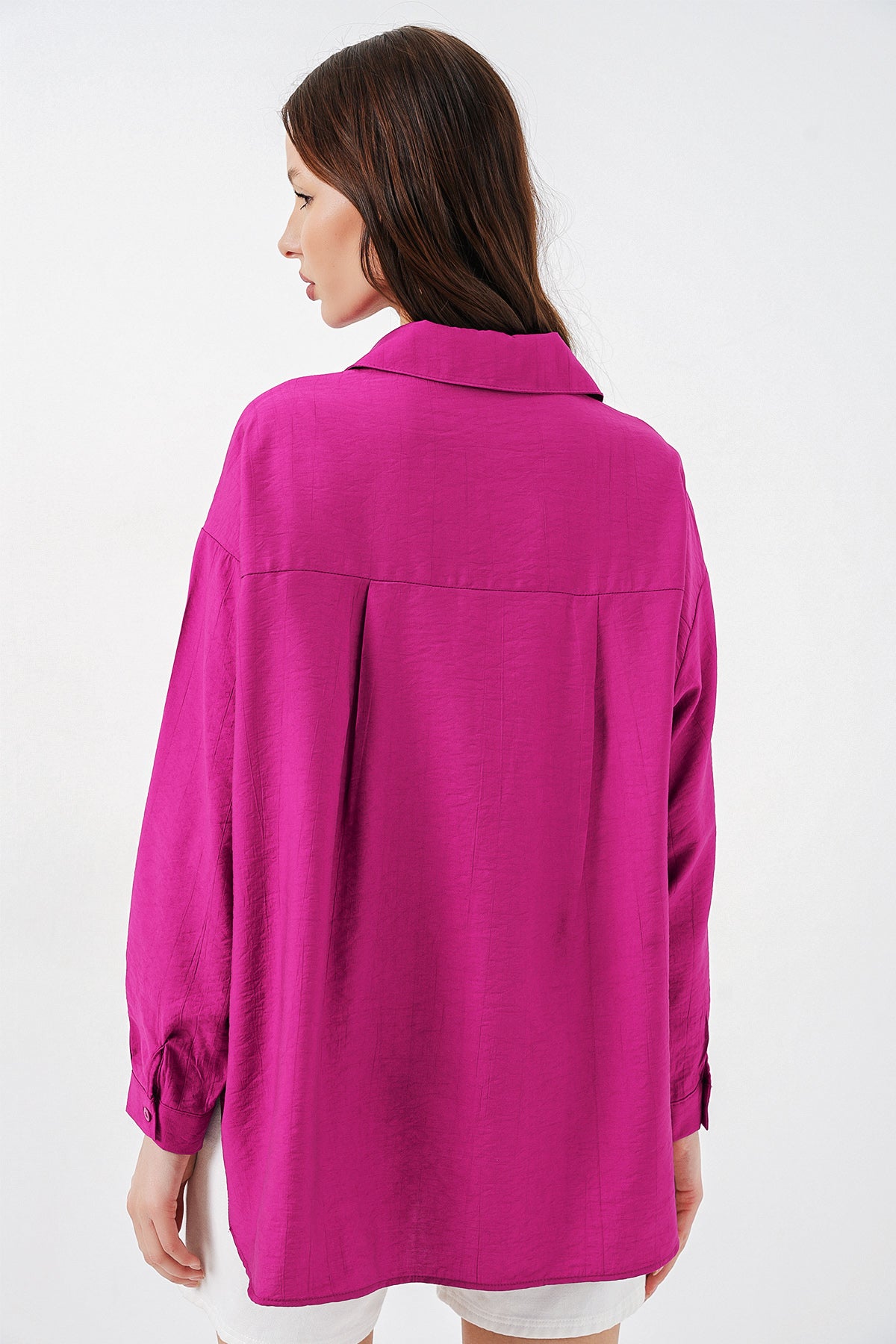 Image of Kadın Uzun Oversize Gömlek 20334 - Koyu Pembe
