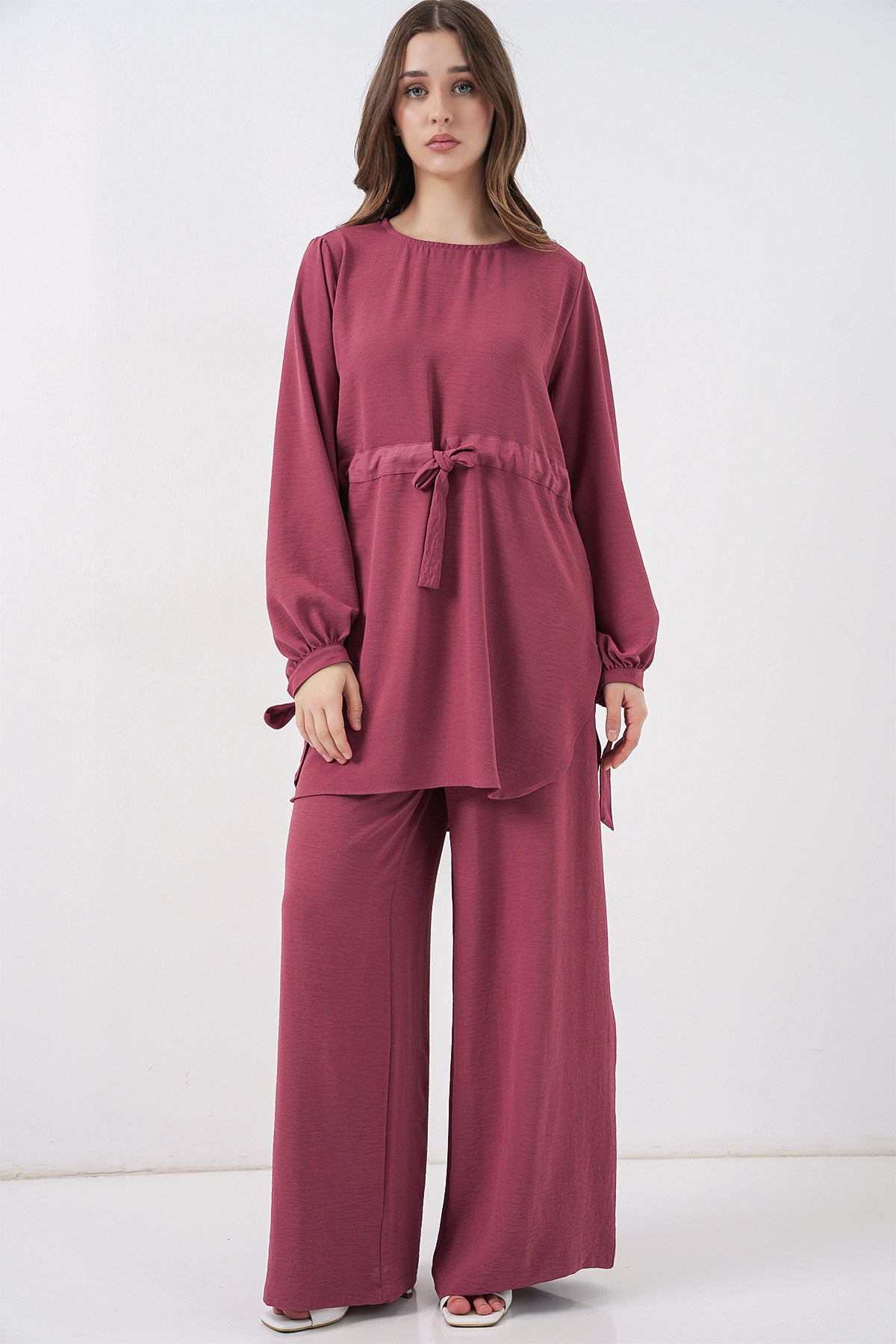 Image of Set de două piese tunică lungă și pantaloni pentru femei 6719 - Roz-roz