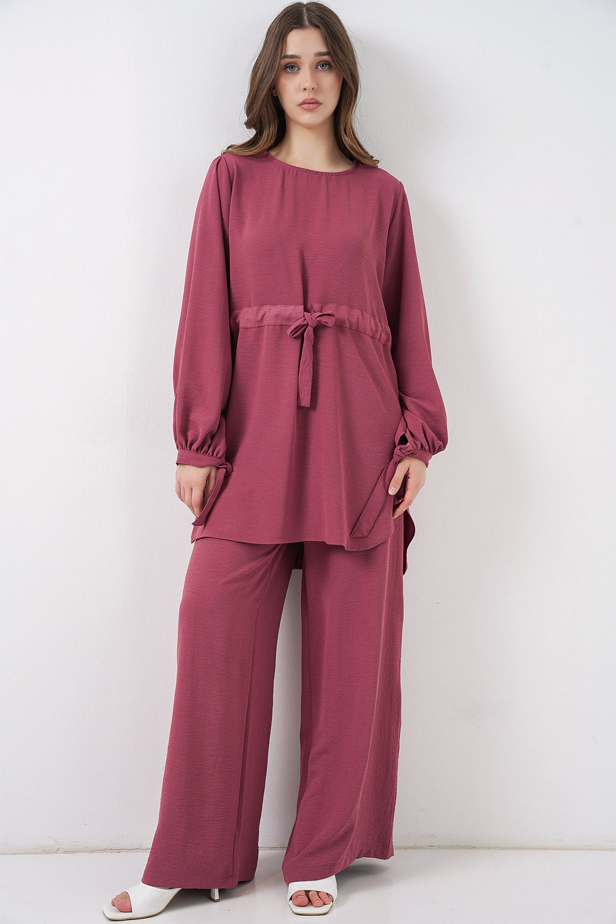Image of Set de două piese tunică lungă și pantaloni pentru femei 6719 - Roz-roz