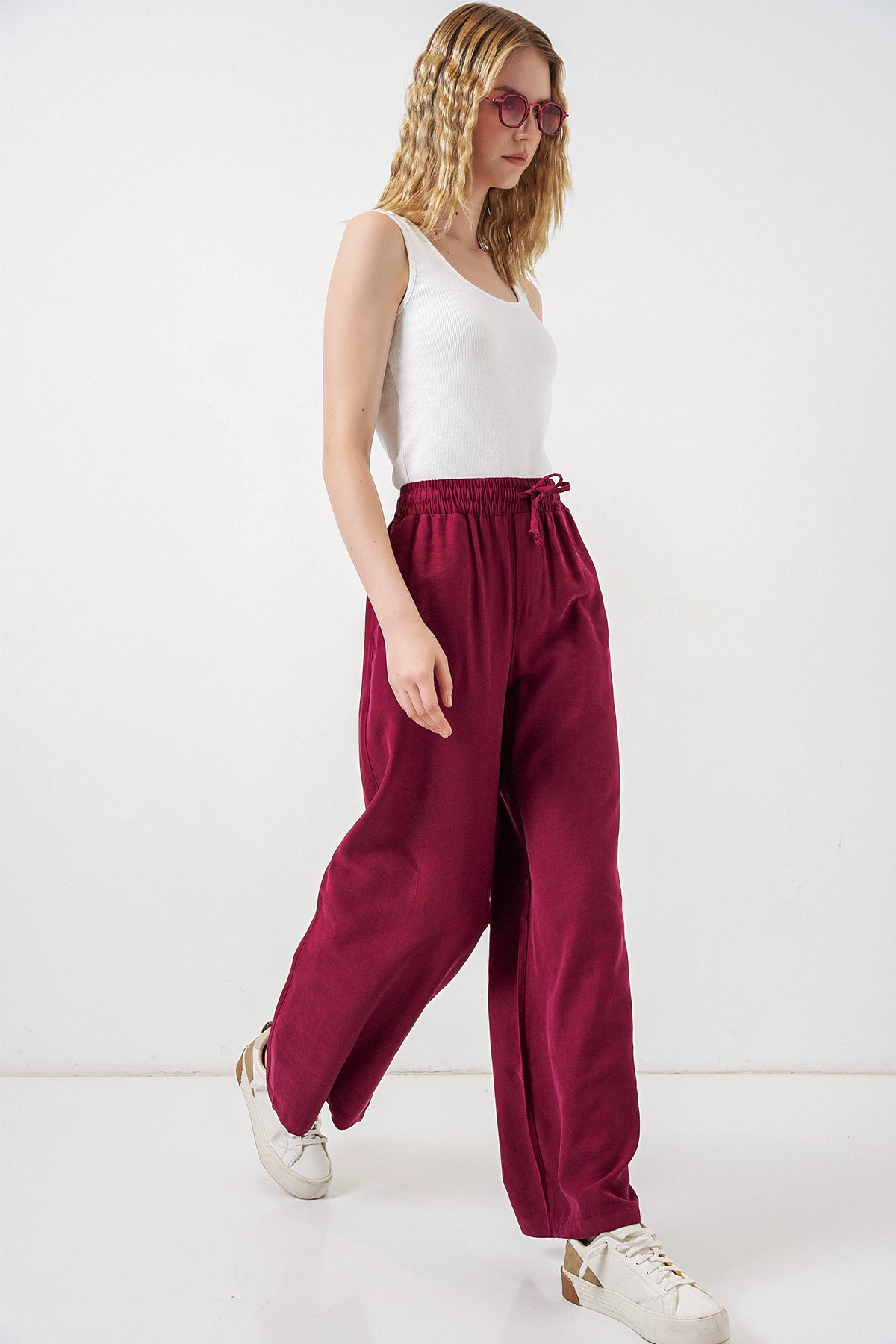 Image of Kadın Yüksek Bel Geniş Paça Pantolon 30097 - Bordo