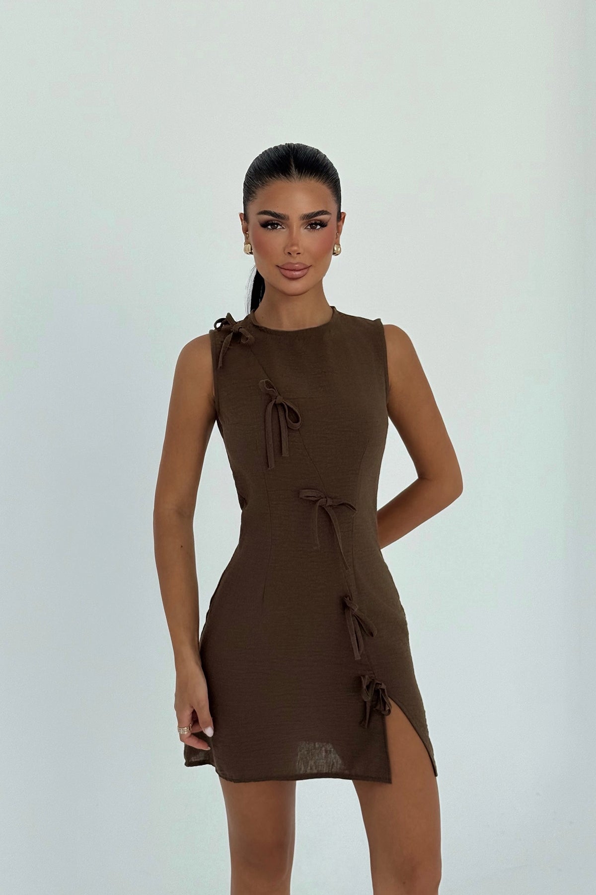Image of Kahverengi Kathy Mini Fiyonklu Elbise ATE-3186