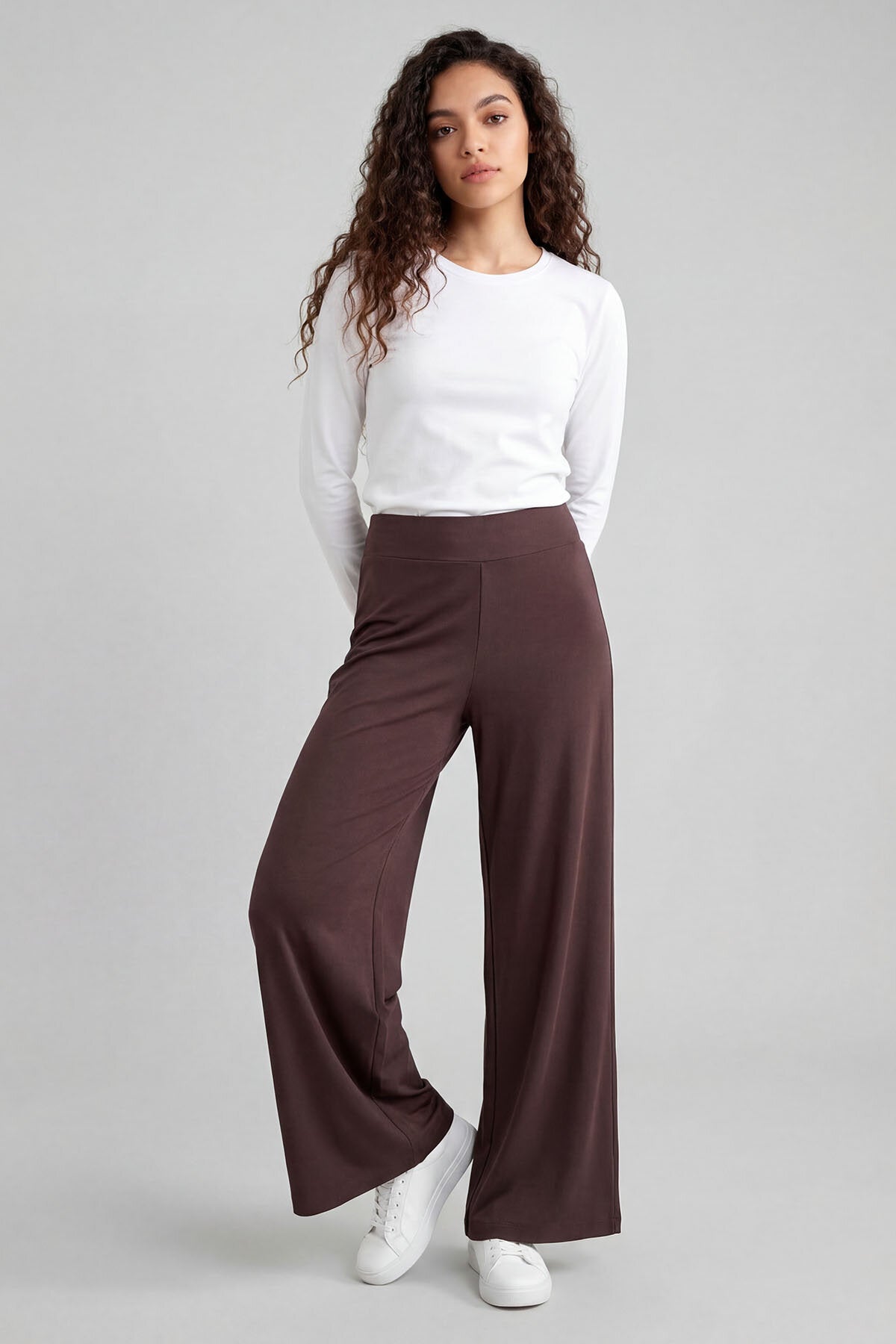 Image of Kahverengi Comfort Fit Geniş Paça Korsajlı Palazzo Kadın Pantolon - 94681