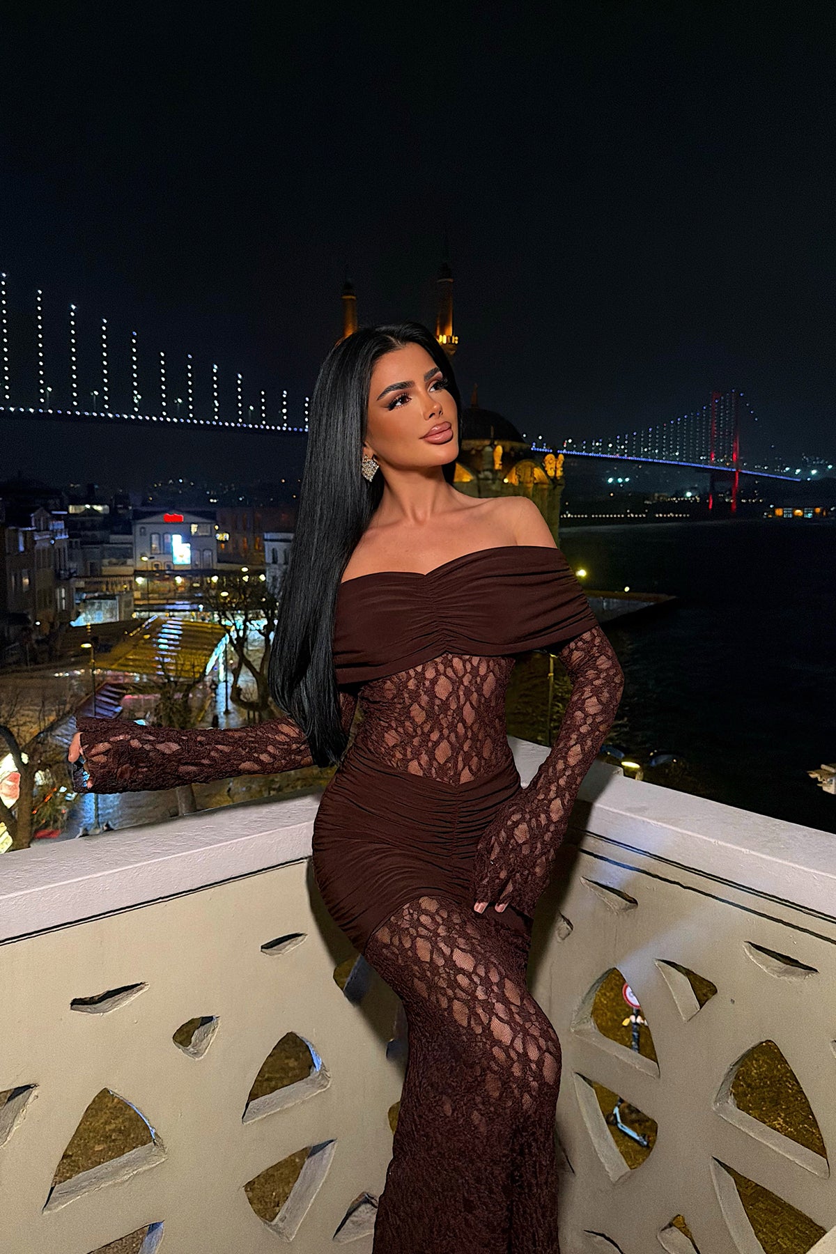 Image of Kahverengi Ellodie Dantel Uzun Elbise ATE-4547
