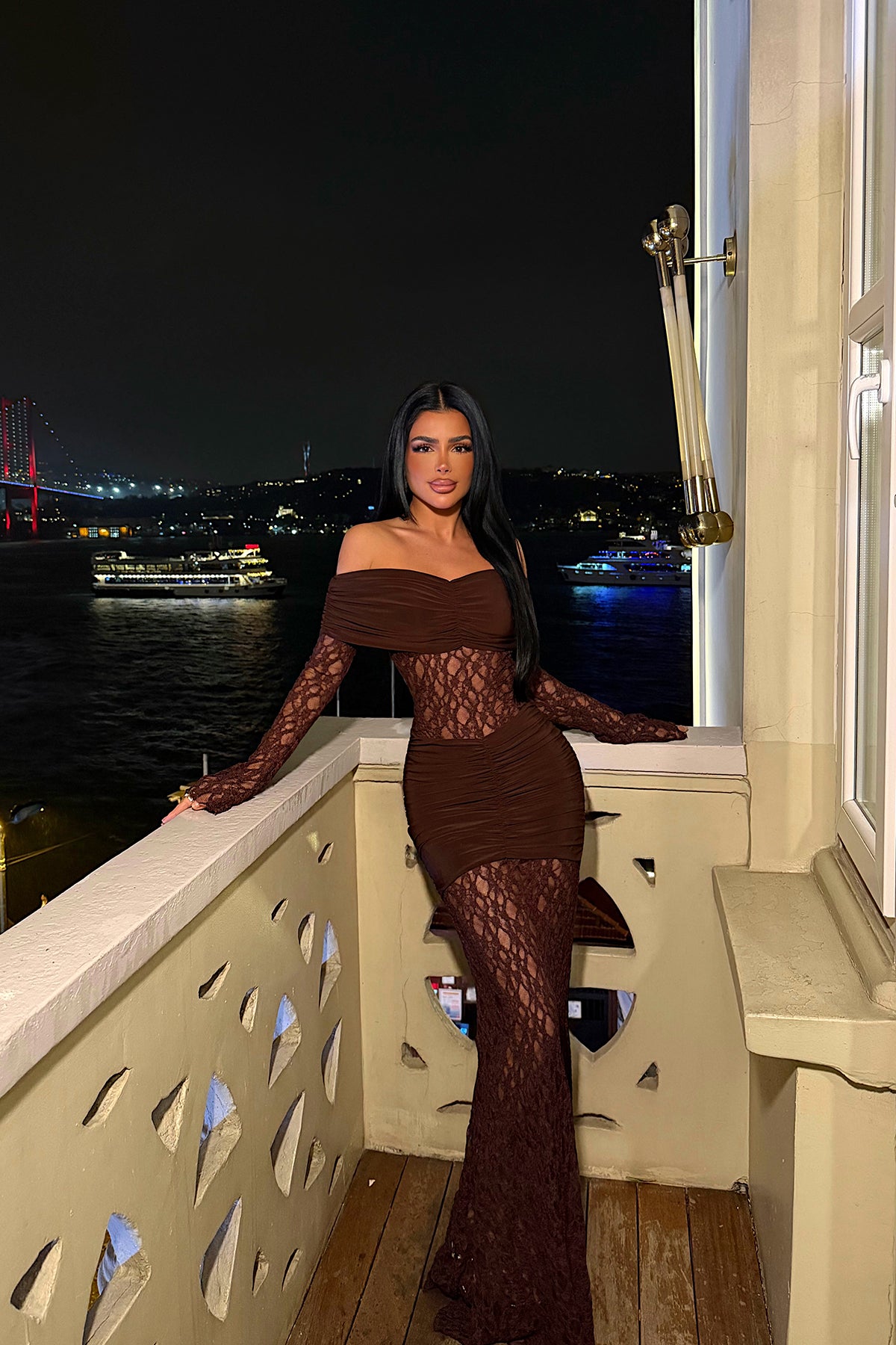 Image of Kahverengi Ellodie Dantel Uzun Elbise ATE-4547