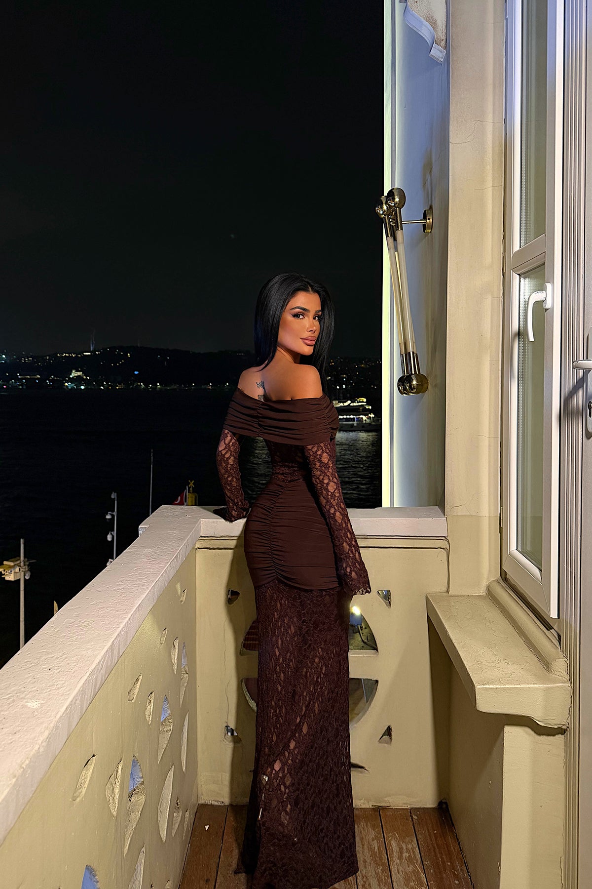 Image of Kahverengi Ellodie Dantel Uzun Elbise ATE-4547