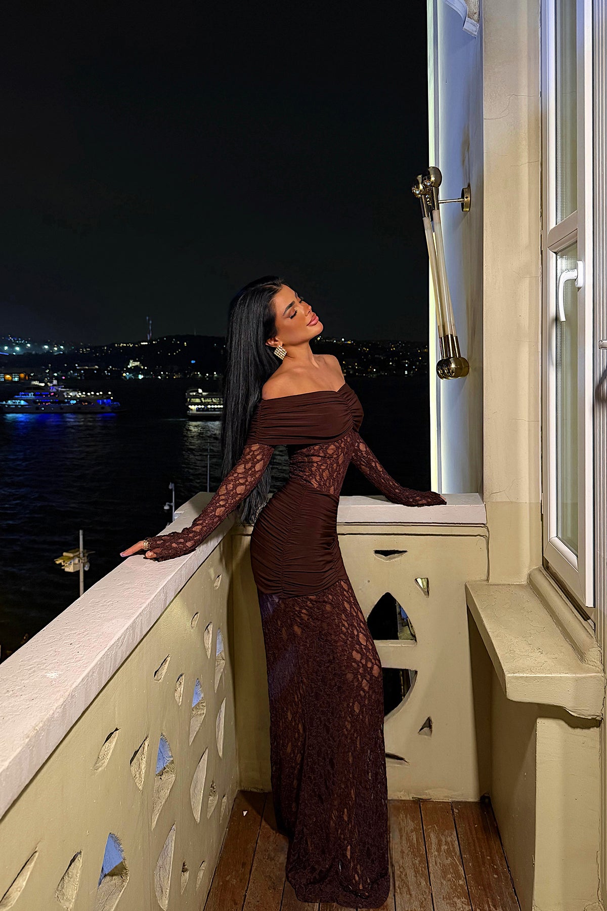 Image of Kahverengi Ellodie Dantel Uzun Elbise ATE-4547