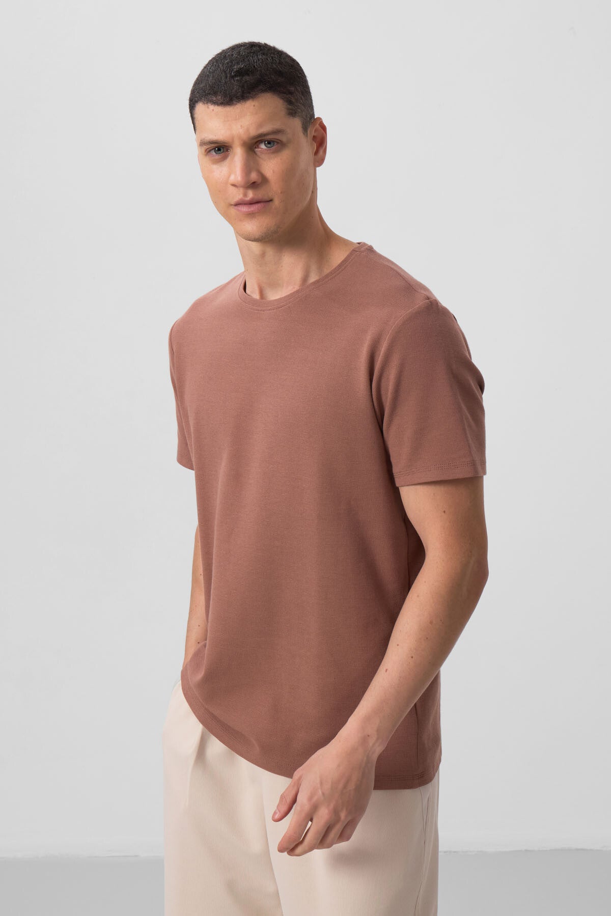 Image of Kahverengi Yüzeyi Dokulu Rahat Form Basic Erkek T-Shirt - 88436