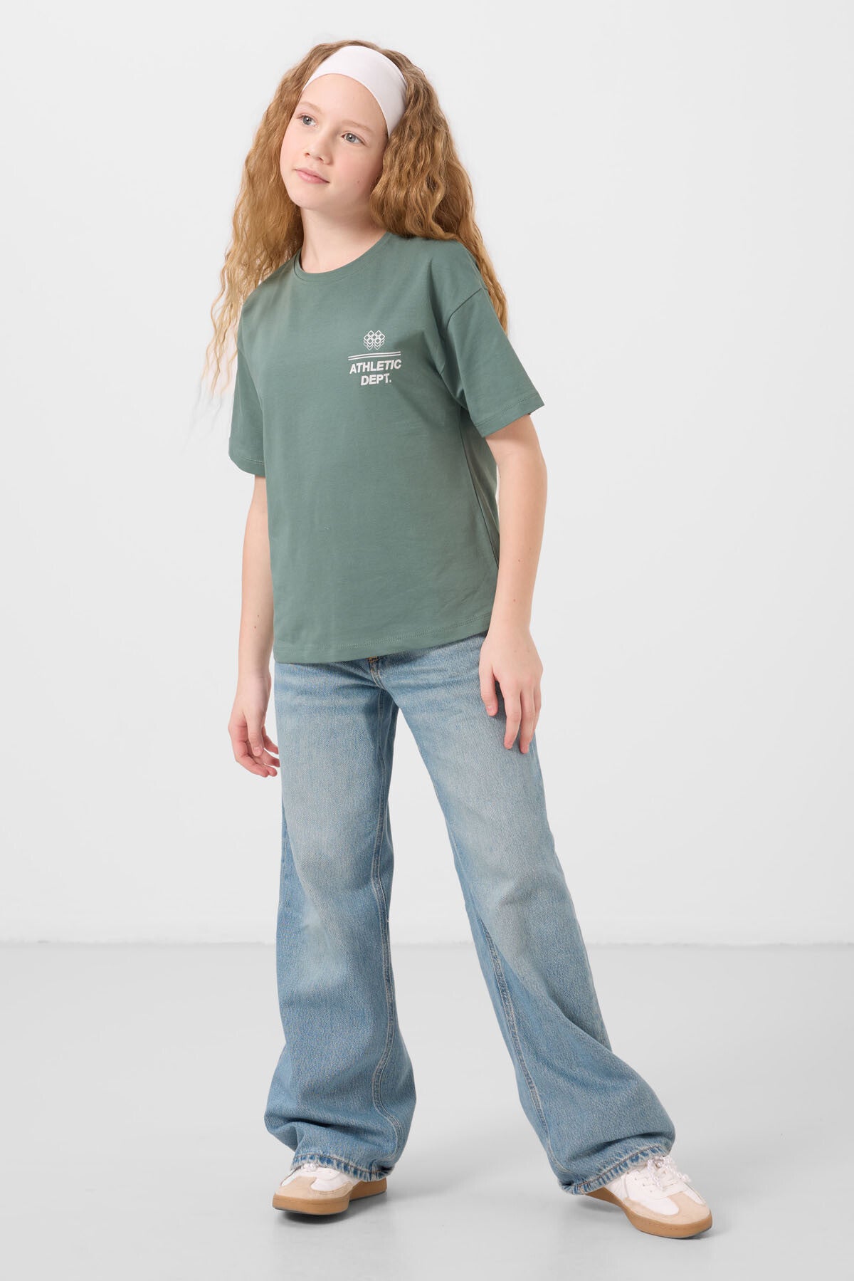 Image of Açık Yeşil Pamuklu O Yaka Oversize Fit Baskılı Kız Çocuk T-Shirt - 75178