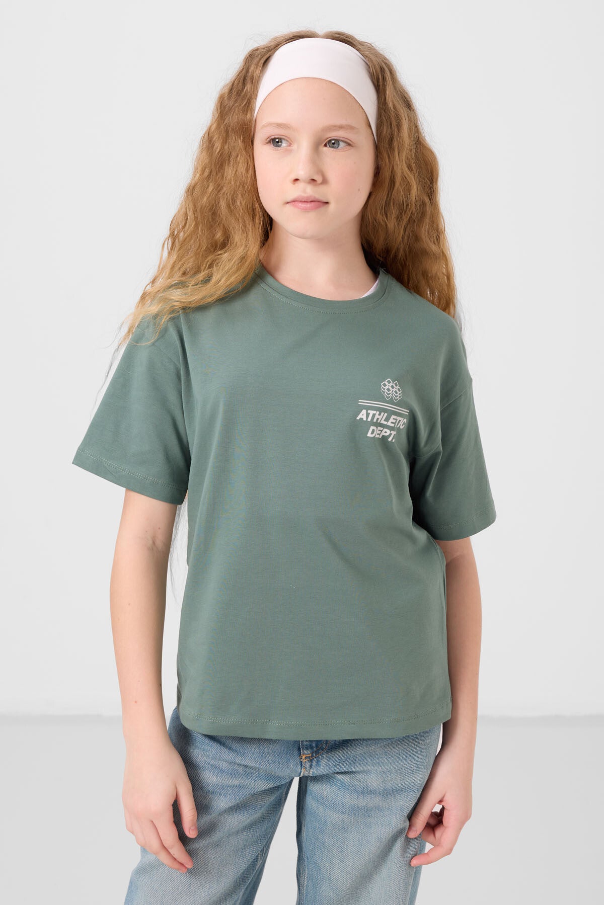Image of Açık Yeşil Pamuklu O Yaka Oversize Fit Baskılı Kız Çocuk T-Shirt - 75178