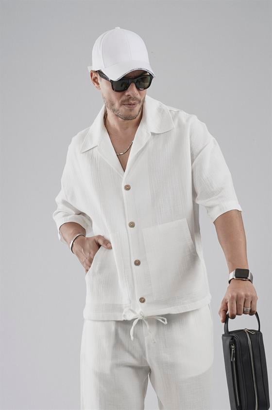 Image of Set cămașă și pantaloni scurți supradimensionați pentru bărbați cu buzunar tip cangur