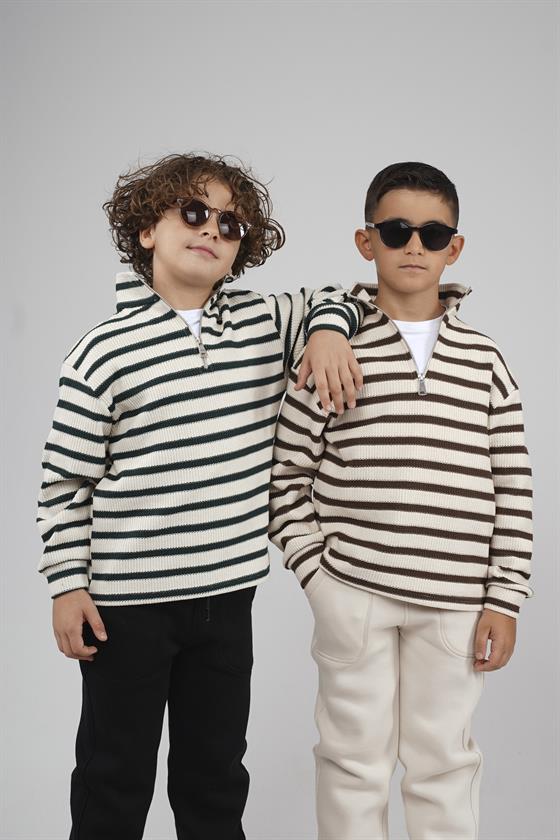 Image of Kingbrich Kids Oversize Kalıp Çizgili Yakası Fermuarlı Sweatshirt