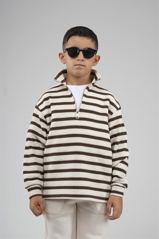 Image of Kingbrich Kids Oversize Kalıp Çizgili Yakası Fermuarlı Sweatshirt