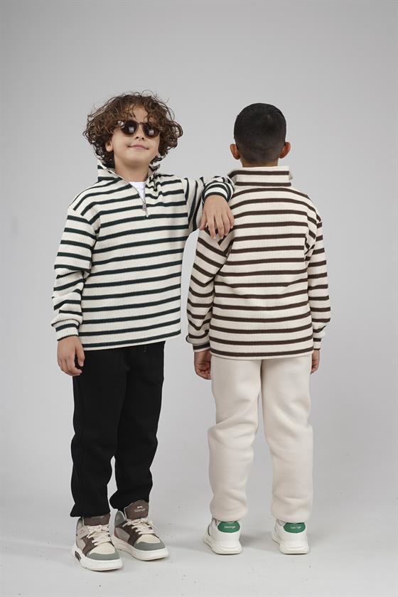Image of Kingbrich Kids Oversize Kalıp Çizgili Yakası Fermuarlı Sweatshirt