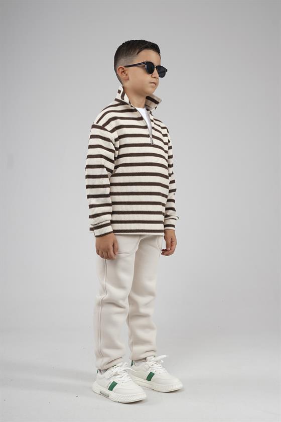 Image of Kingbrich Kids Oversize Kalıp Çizgili Yakası Fermuarlı Sweatshirt