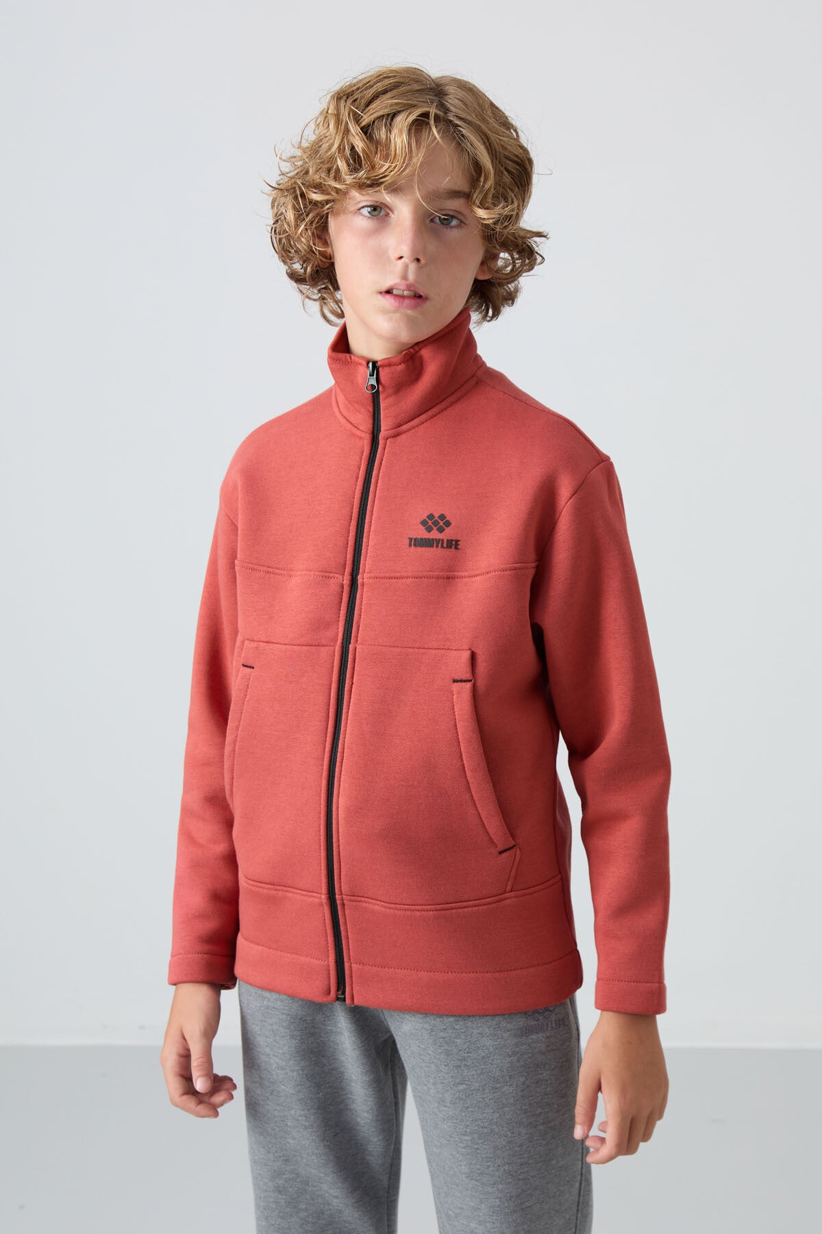 Image of Kiremit Pamuklu Kalın İçi Tüylü Yumuşak Dokulu Standart Fit Nakışlı Erkek Çocuk Sweatshirt - 11245