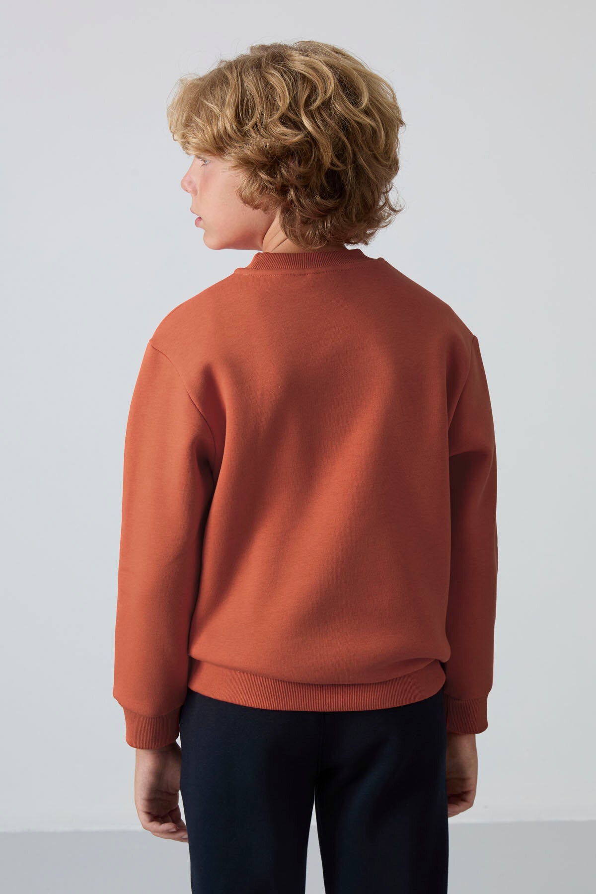 Image of Kiremit Pamuklu Kalın İçi Tüylü Yumuşak Dokulu Standart Fit Nakışlı Erkek Çocuk Sweatshirt - 11232