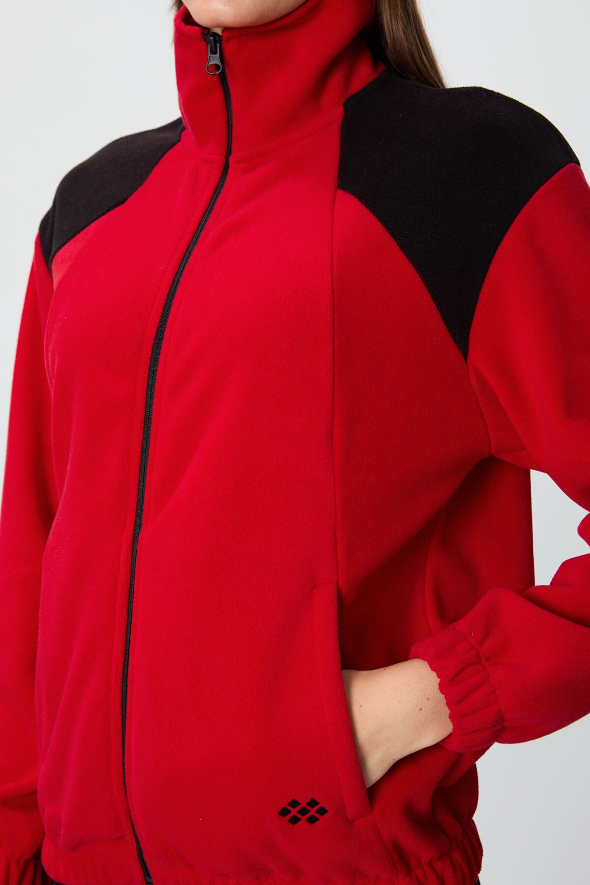 Image of Kırmızı Kalın Yumuşak Dokulu Dik Yaka Oversize Nakışlı Polar Kadın Sweatshirt - 97293