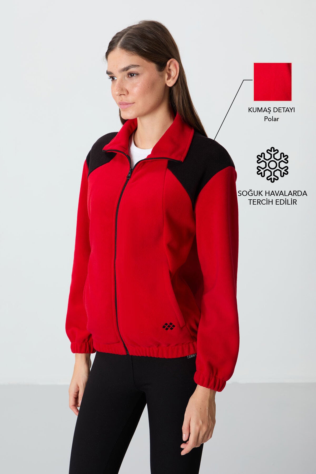 Image of Kırmızı Kalın Yumuşak Dokulu Dik Yaka Oversize Nakışlı Polar Kadın Sweatshirt - 97293