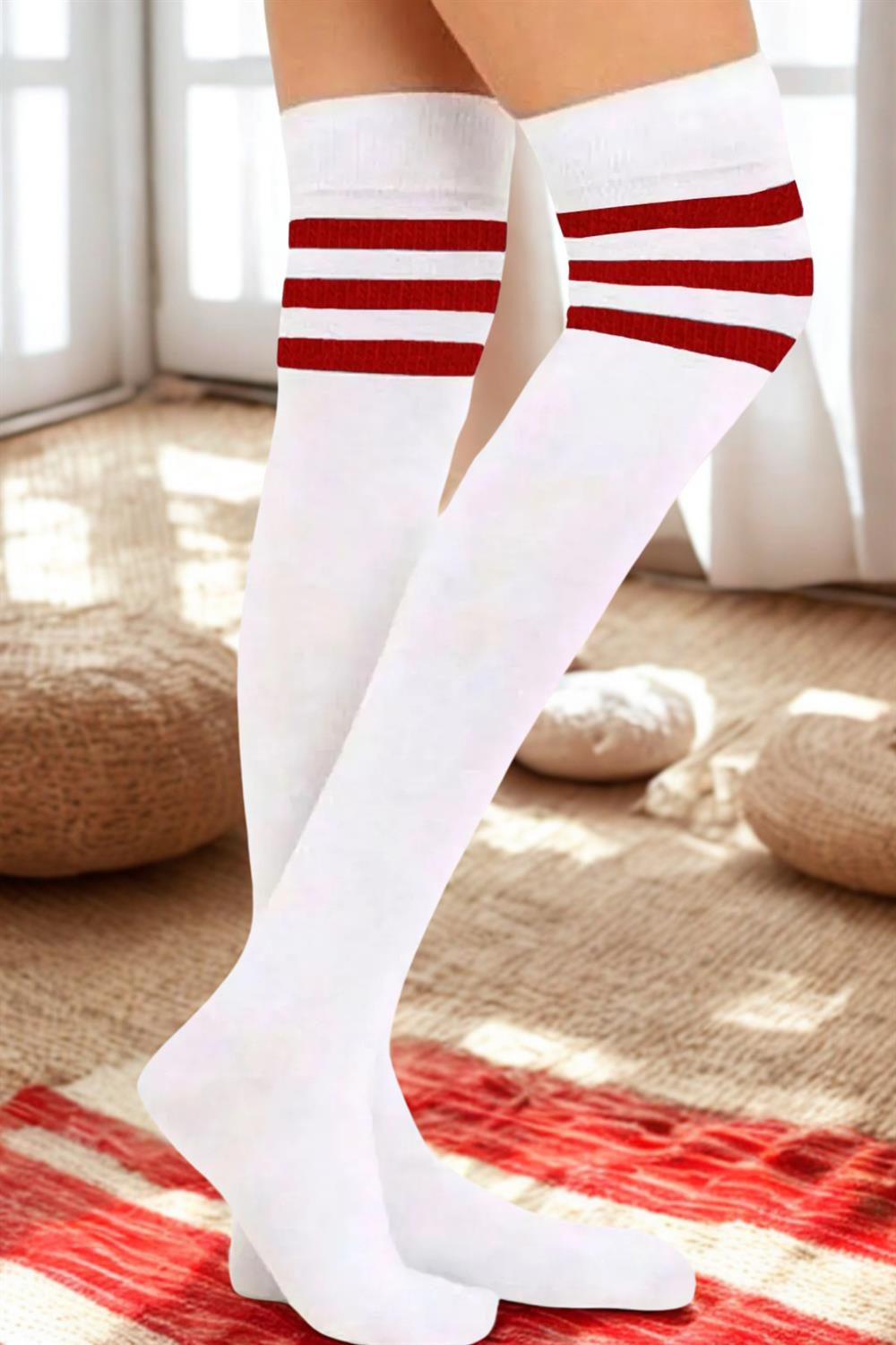 Image of White Knee-High Cotton Socks with Red Stripes