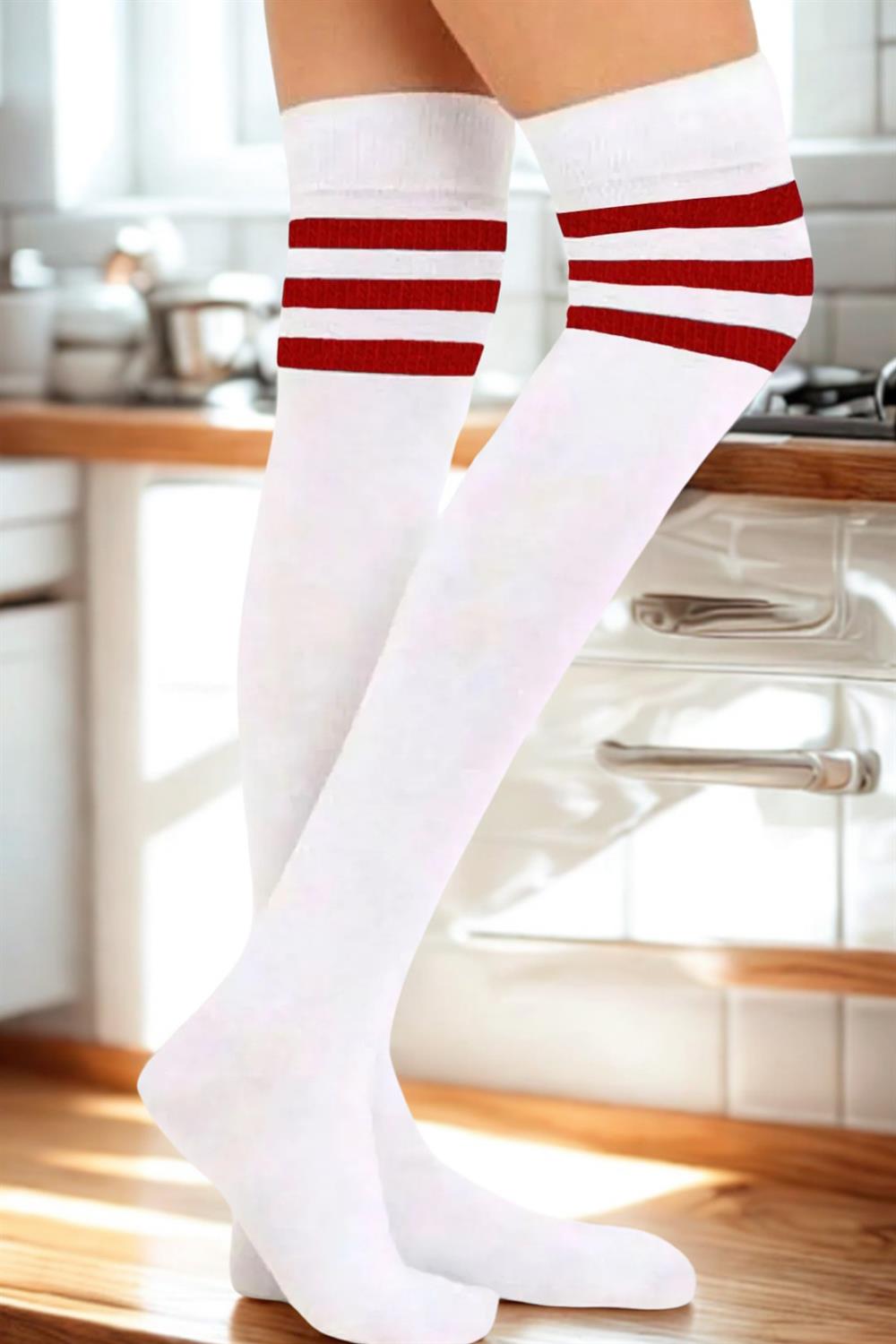 Image of White Knee-High Cotton Socks with Red Stripes