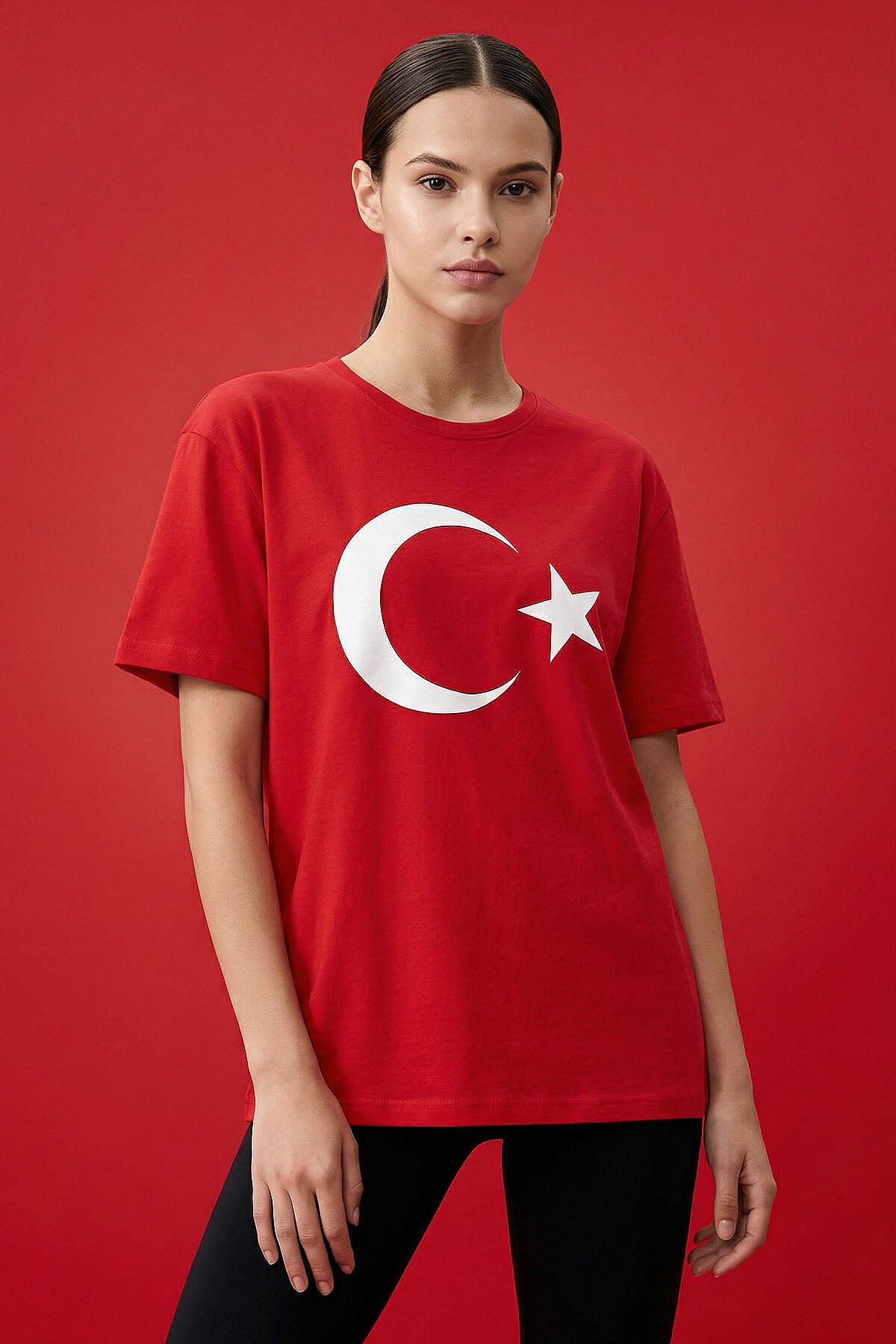 Image of Kırmızı Ay Yıldız Baskılı Unisex T-Shirt - 88509