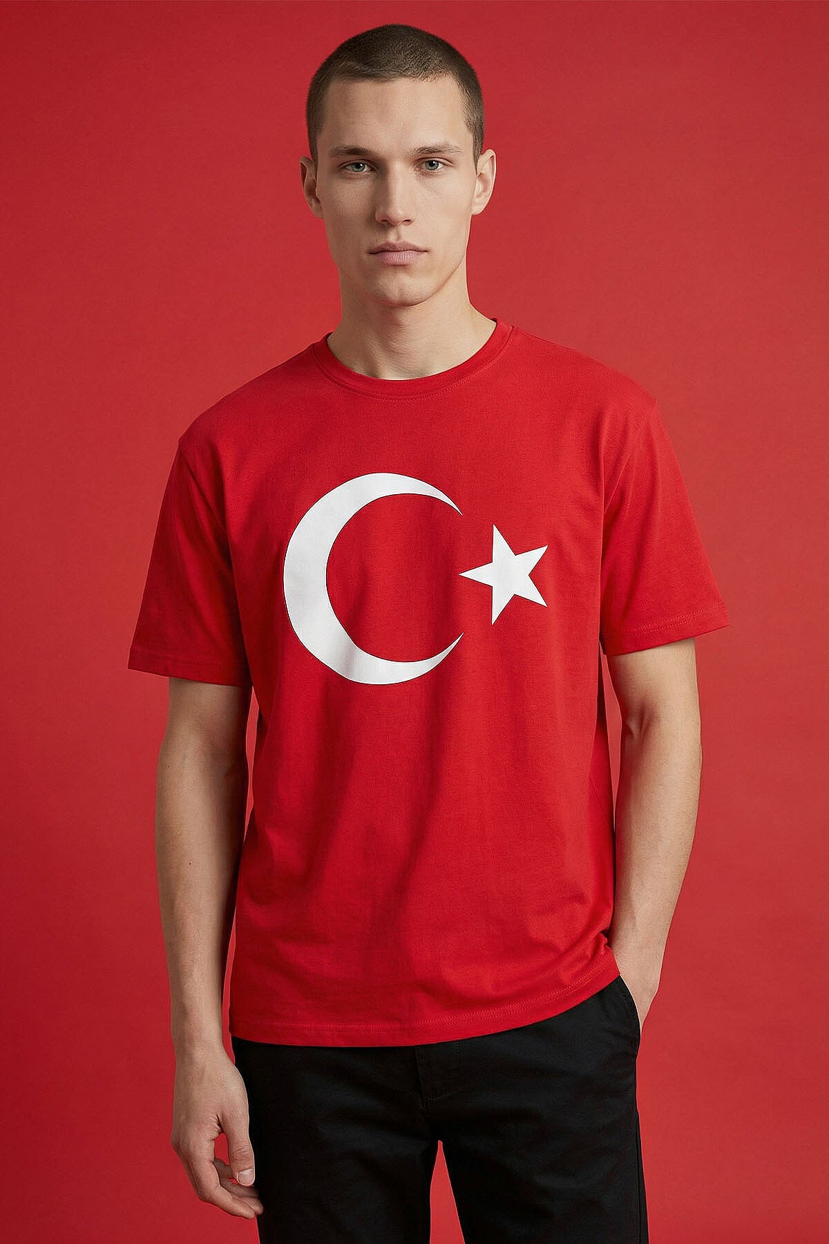 Image of Kırmızı Ay Yıldız Baskılı Unisex T-Shirt - 88509