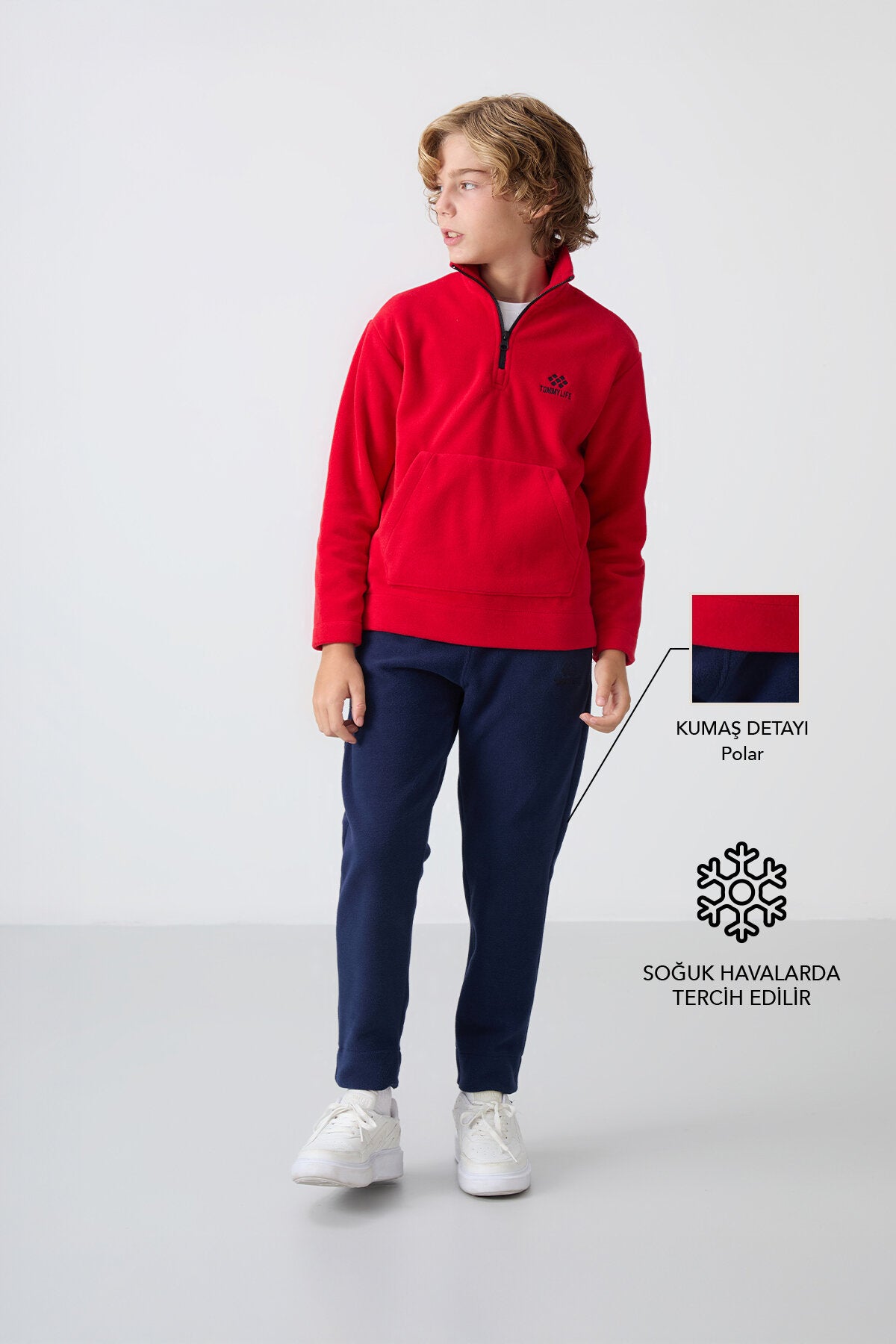 Image of Trening pentru băieți, roșu și bleumarin, din fleece gros, texturat, cu croială standard, brodat - 11218